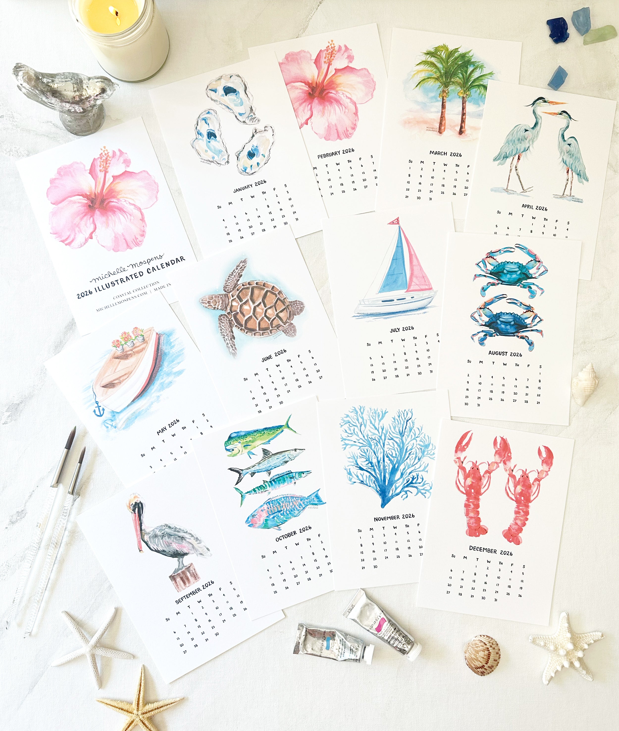 Watercolor Coastal Mini Monthly 2026 Desk Calendar by Michelle Mospens