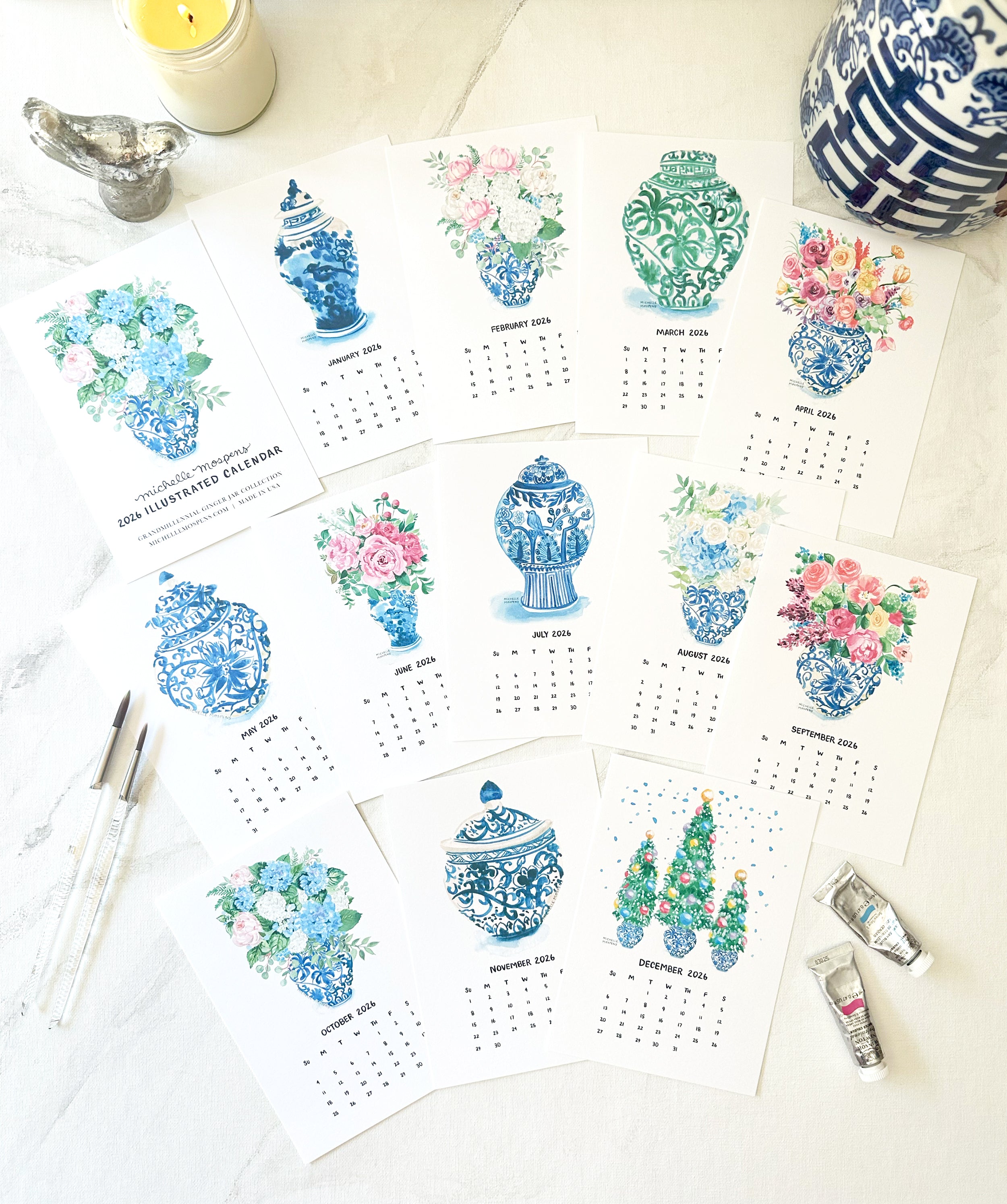 Watercolor Grandmillennial Ginger Jars Mini Monthly 2026 Desk Calendar by Michelle Mospens