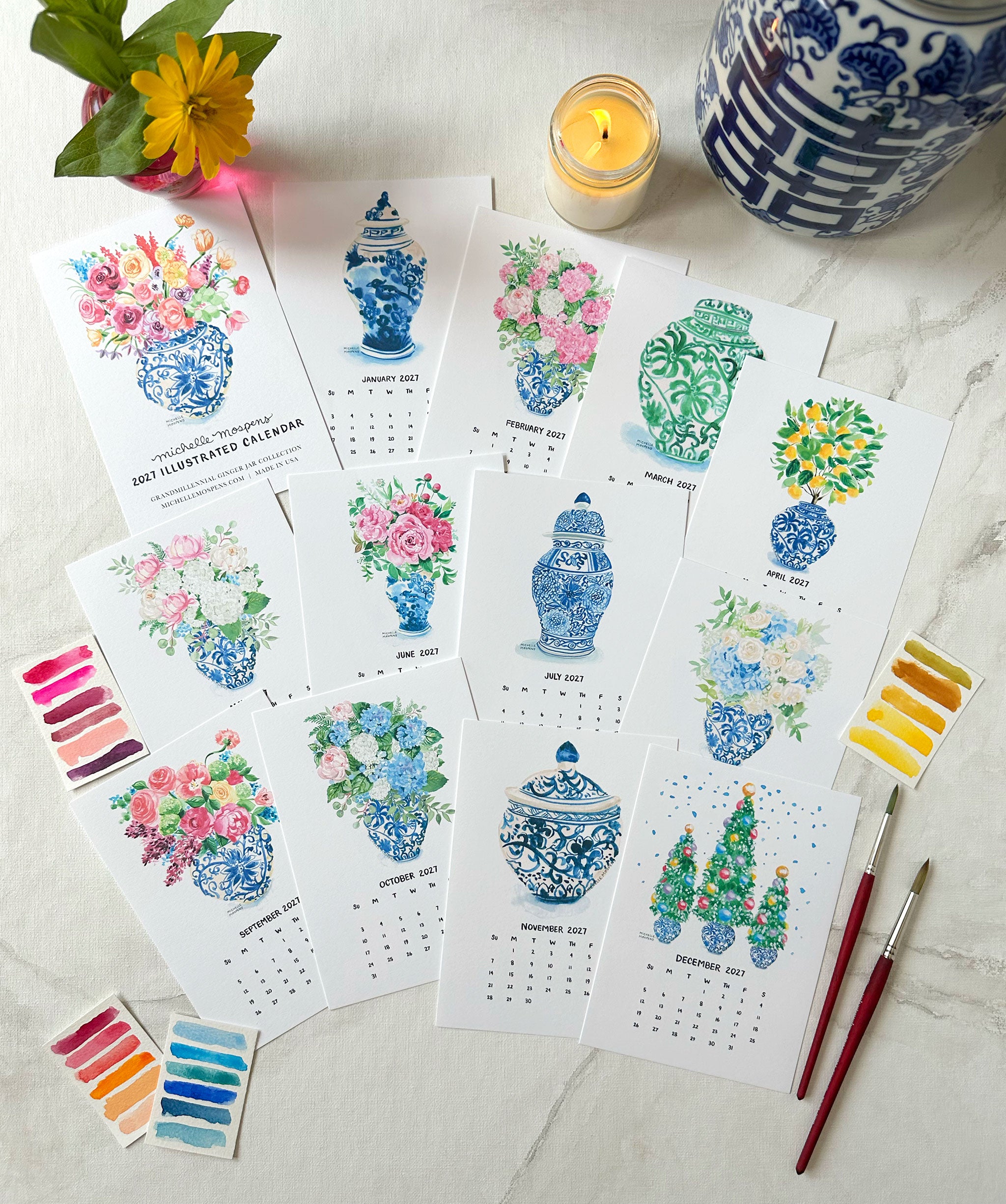 Watercolor Grandmillennial Ginger Jars Mini Monthly 2027 Desk Calendar by Michelle Mospens