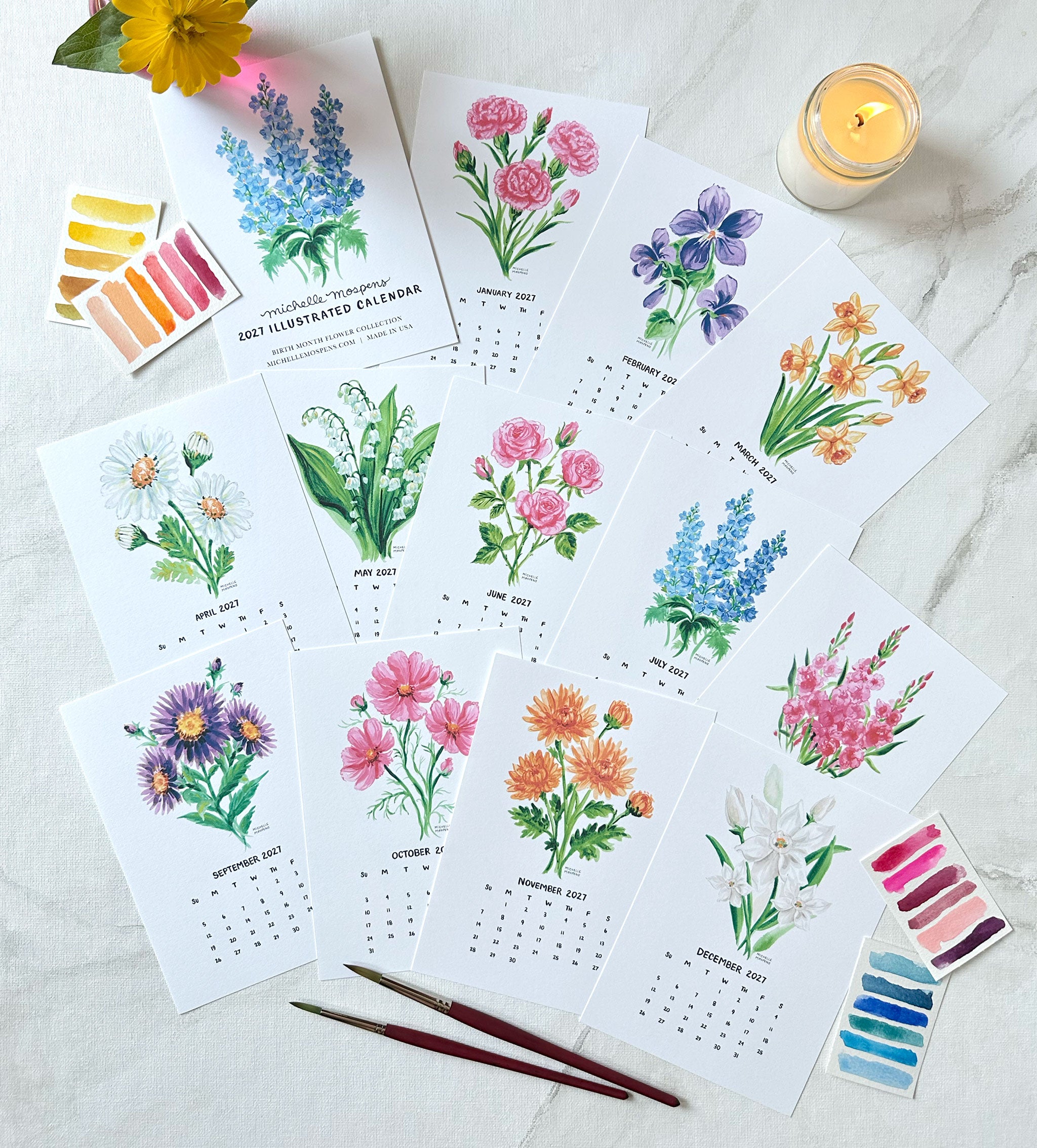 Watercolor Birth Month Flowers Mini Monthly 2027 Desk Calendar by Michelle Mospens