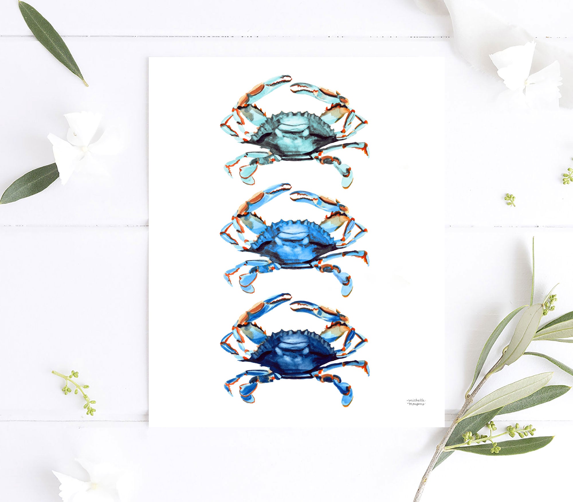 Watercolor Blue Crabs Extra Large Wall Art Print by Michelle Mospens, Unframed