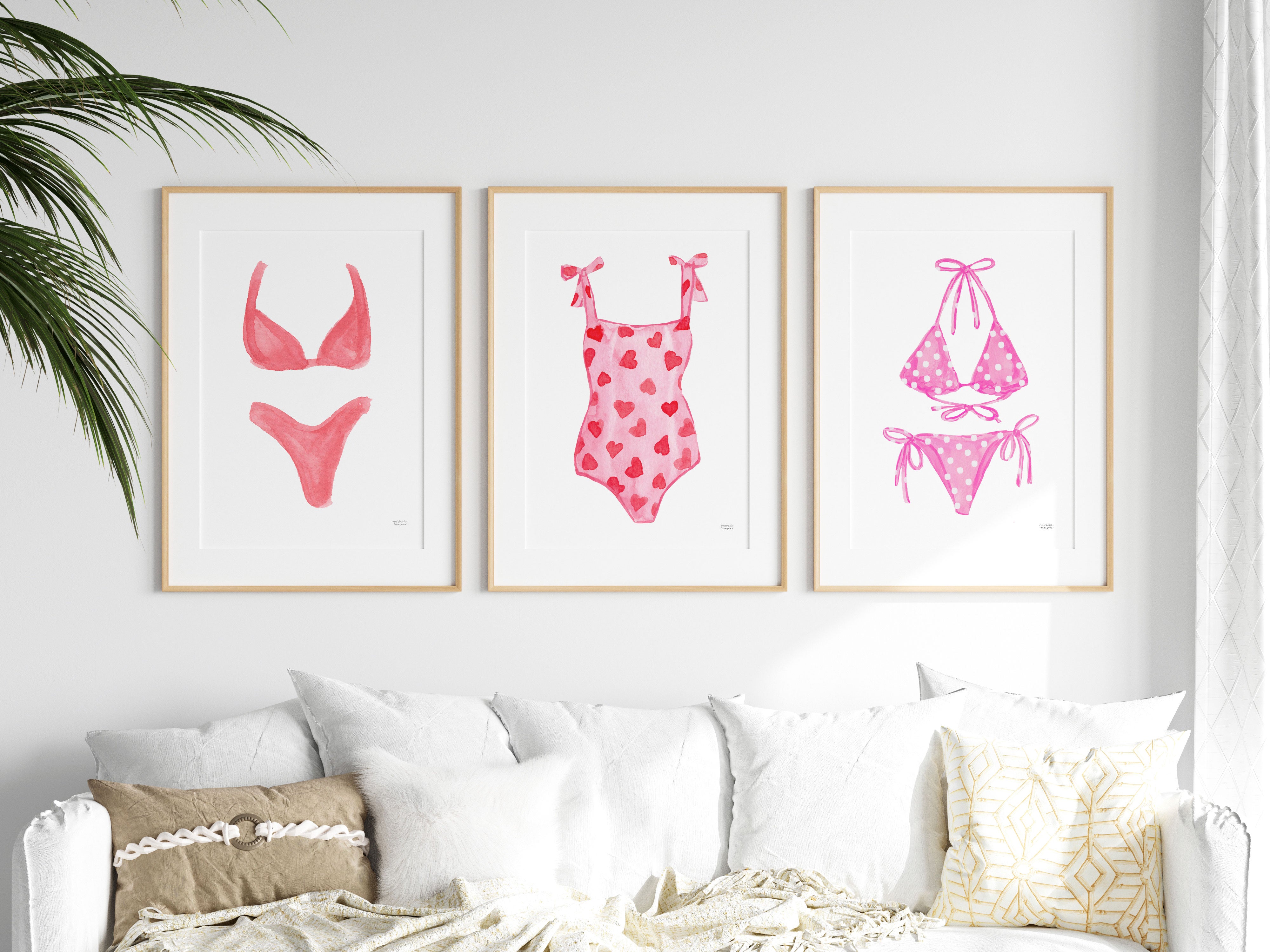 Coastal Wall Art Print Set of 3, Pink Bathing Suit Watercolor Art, Preppy Beach House Decor, Swimsuit Print, Summer Wall Decor | Michelle Mospens
