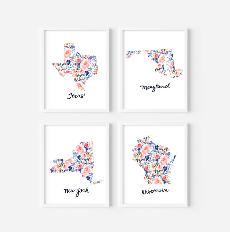 United States Wall Art Print Set of 4 Unframed | Watercolor Floral Pattern