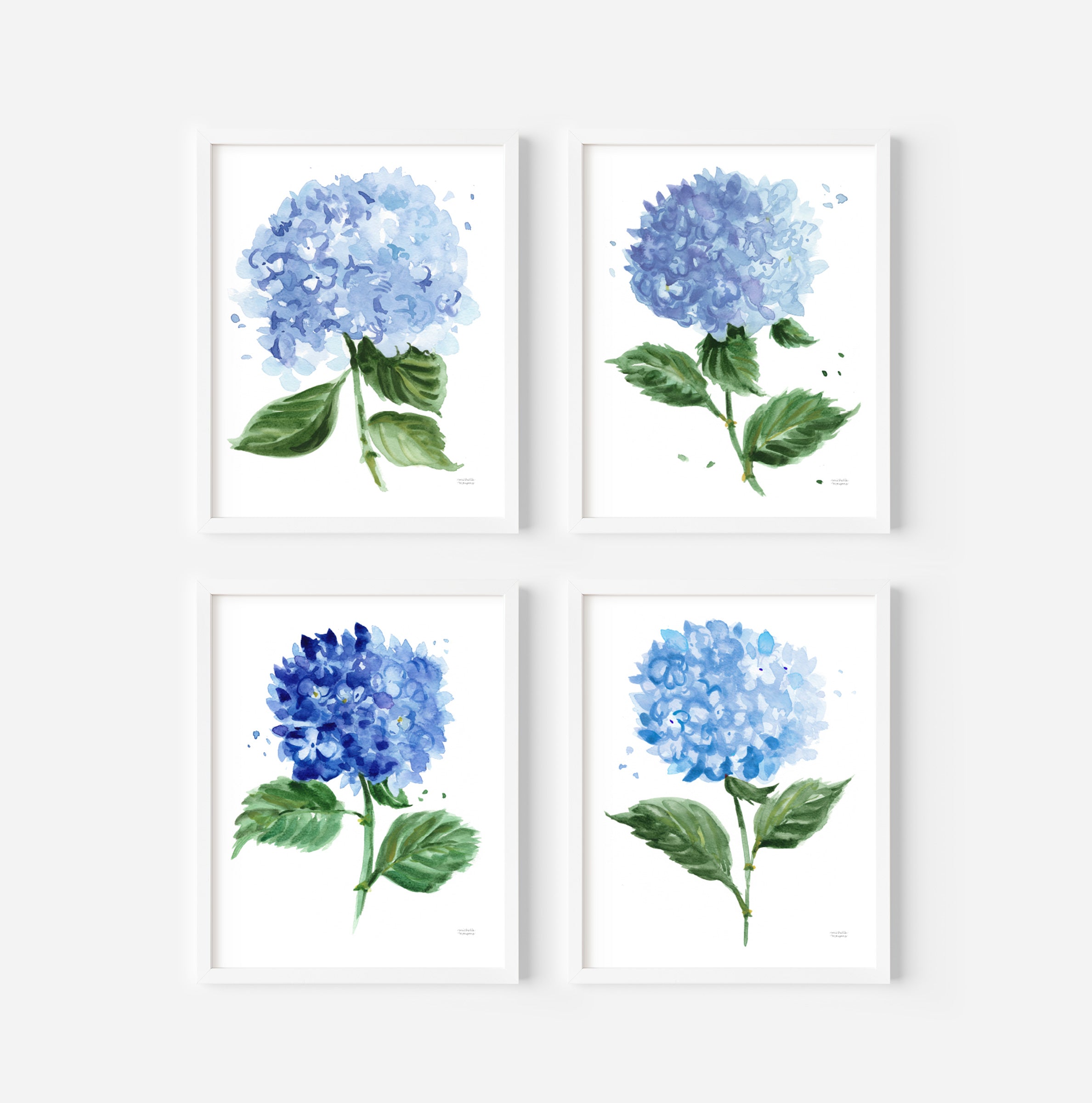 Hydrangeas Botanical Watercolor Floral Wall Art Prints Set of 4