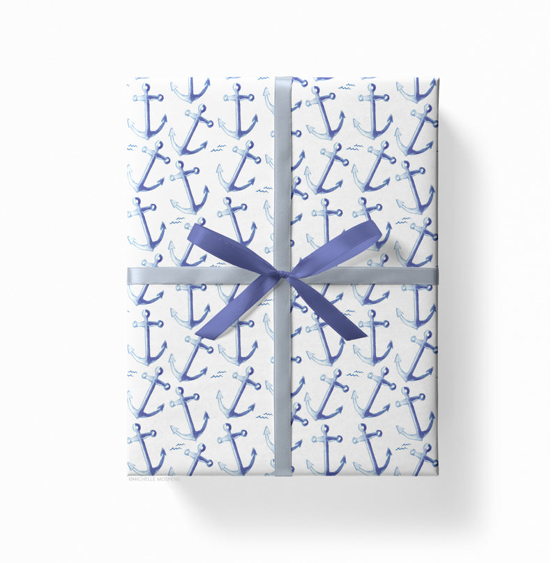Watercolor Anchors Wrapping Paper by Michelle Mospens, Holiday, Christmas, Birthday Gift Wrap