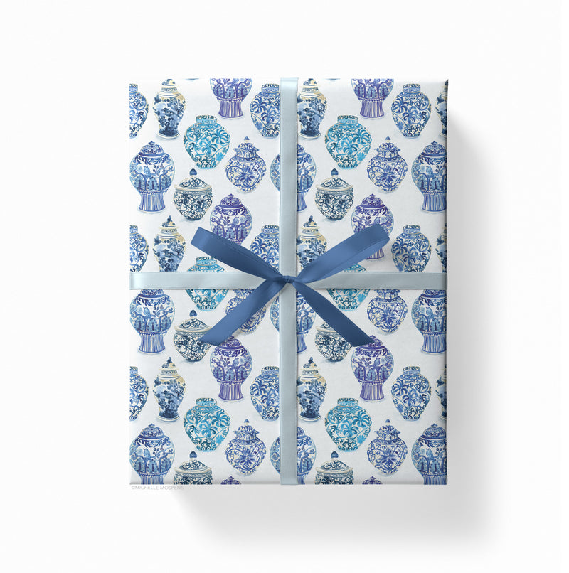 Watercolor Ginger Jars Blue Grandmillennial Chinoiserie Wrapping Paper by Michelle Mospens, Holiday, Christmas, Birthday Gift Wrap