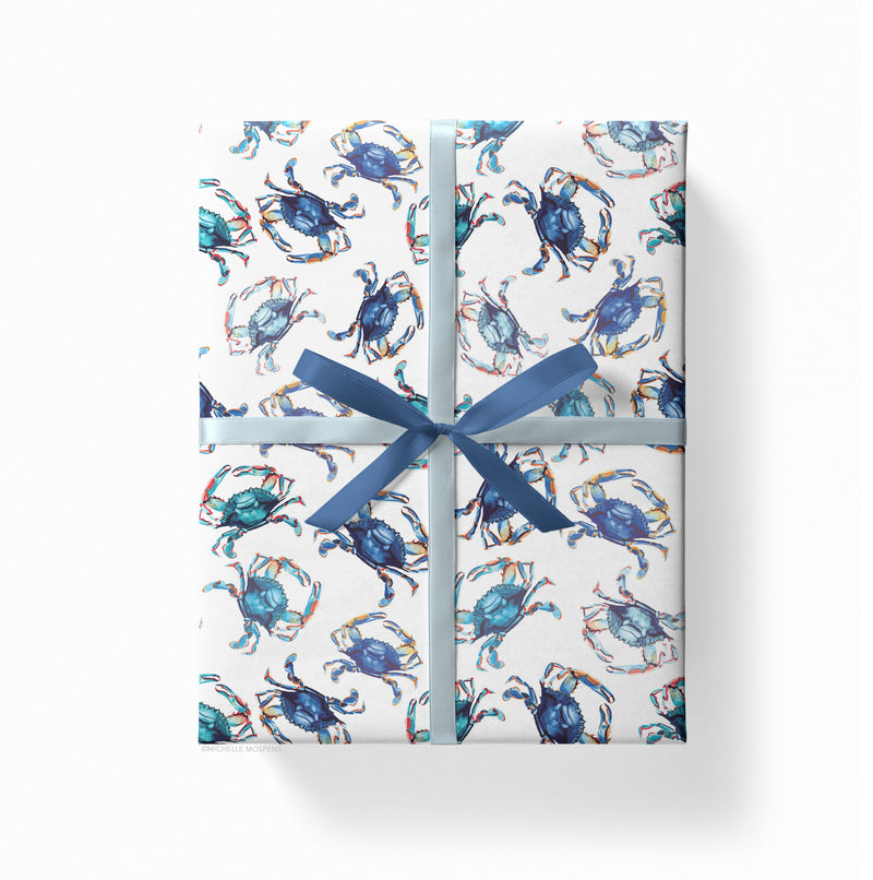 Watercolor Coastal Wrapping Paper by Michelle Mospens, Beach Blue Crab Wrapping Paper, Holiday, Christmas, Birthday Gift Wrap