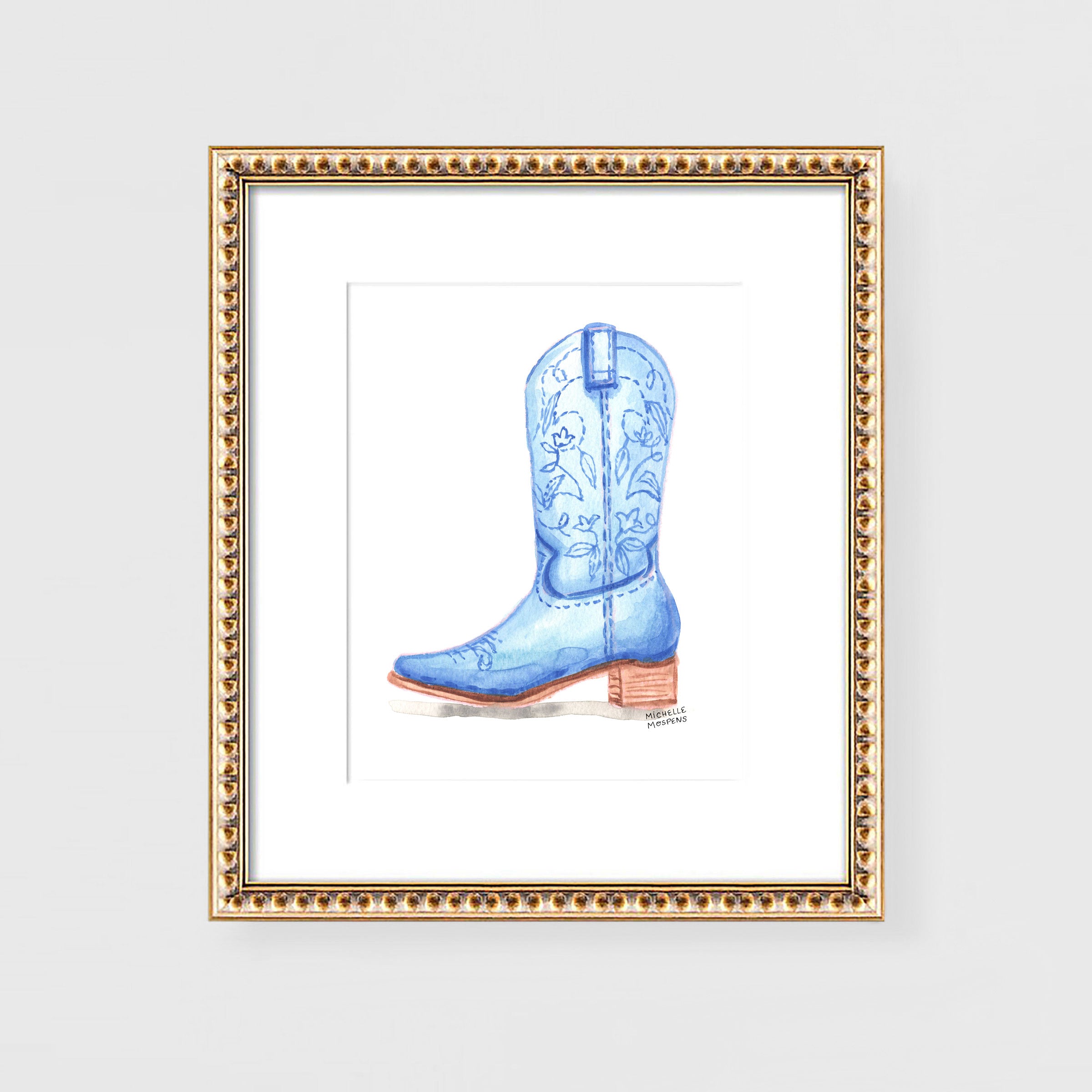 Cute Cowgirl Boot Art Print, Coastal Cowgirl Bedroom Wall Art, Blue Denim Cowgirl Bedroom Decor