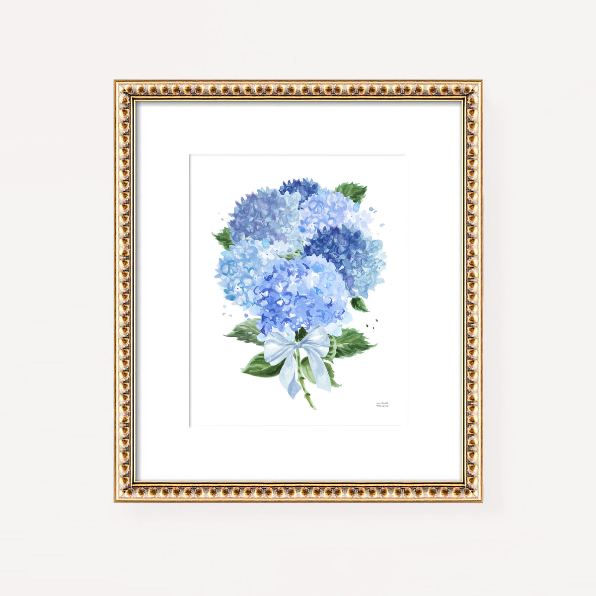 Watercolor Blue Hydrangea Bouquet with Bow Wall Art Print | Michelle Mospens