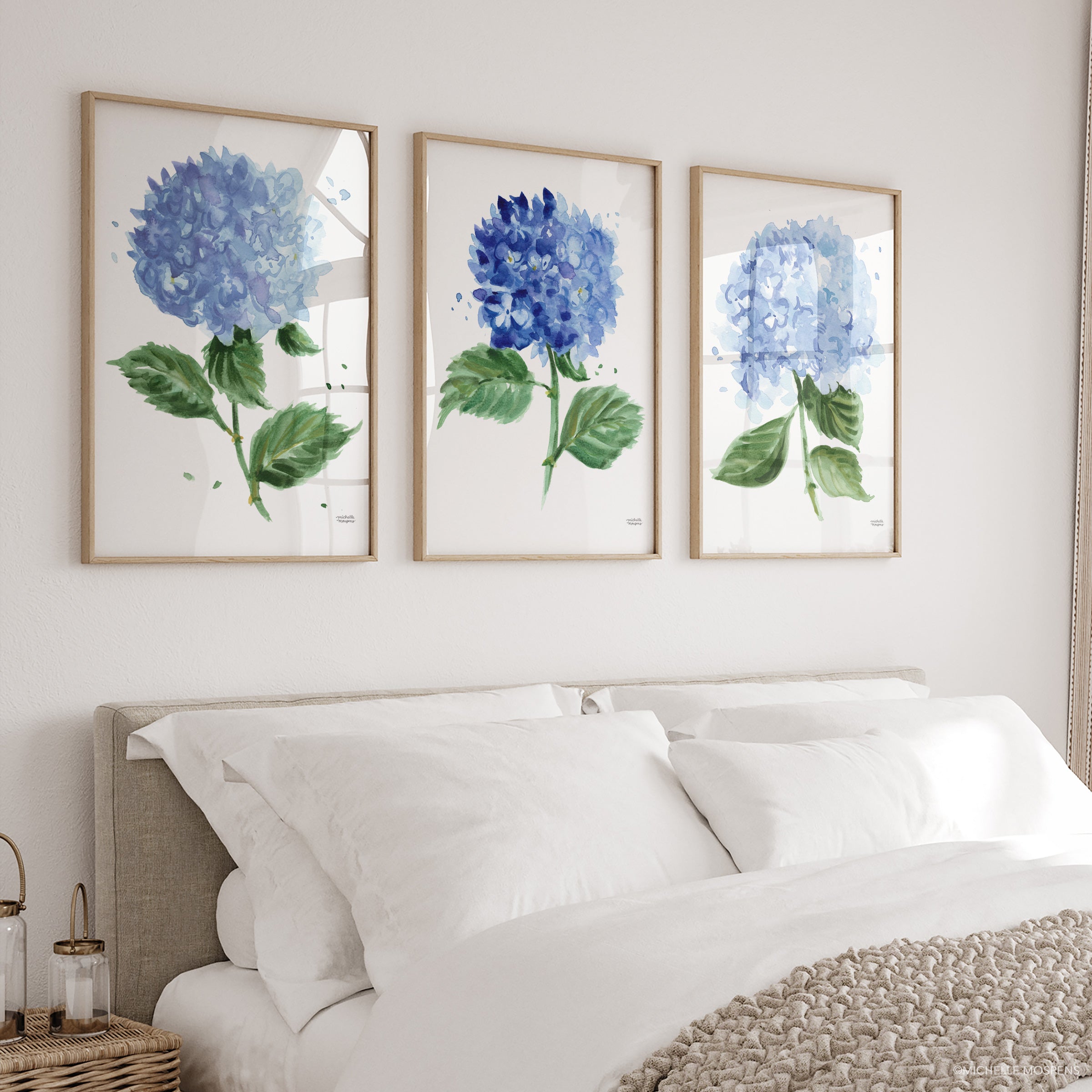 Blue Hydrangea Flowers Extra Large Wall Art Set of 3 by Michelle Mospens