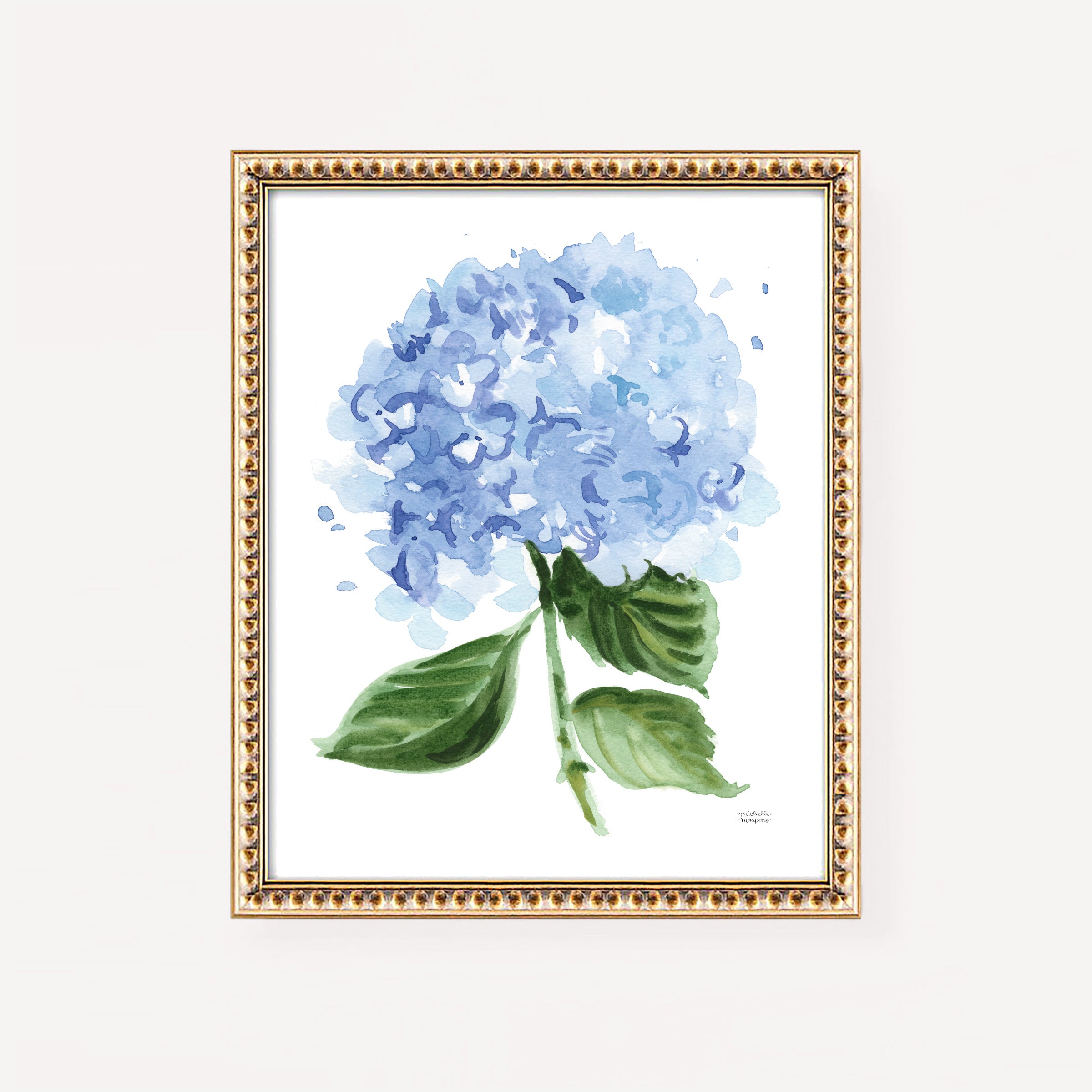 French Blue Hydrangea Flower Botanical No1 Watercolor Wall Art Print by Michelle Mospens, Unframed