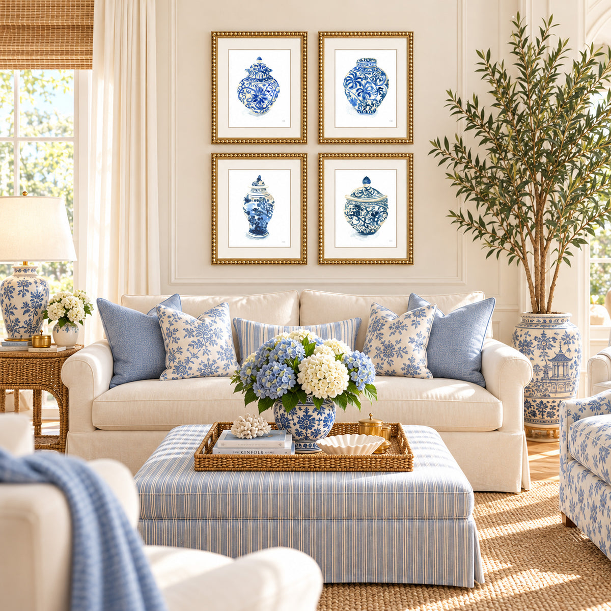 A set of four watercolor ginger jars wall art prints by artist Michelle Mospens. Perfect for coastal grandmillennial home decor.