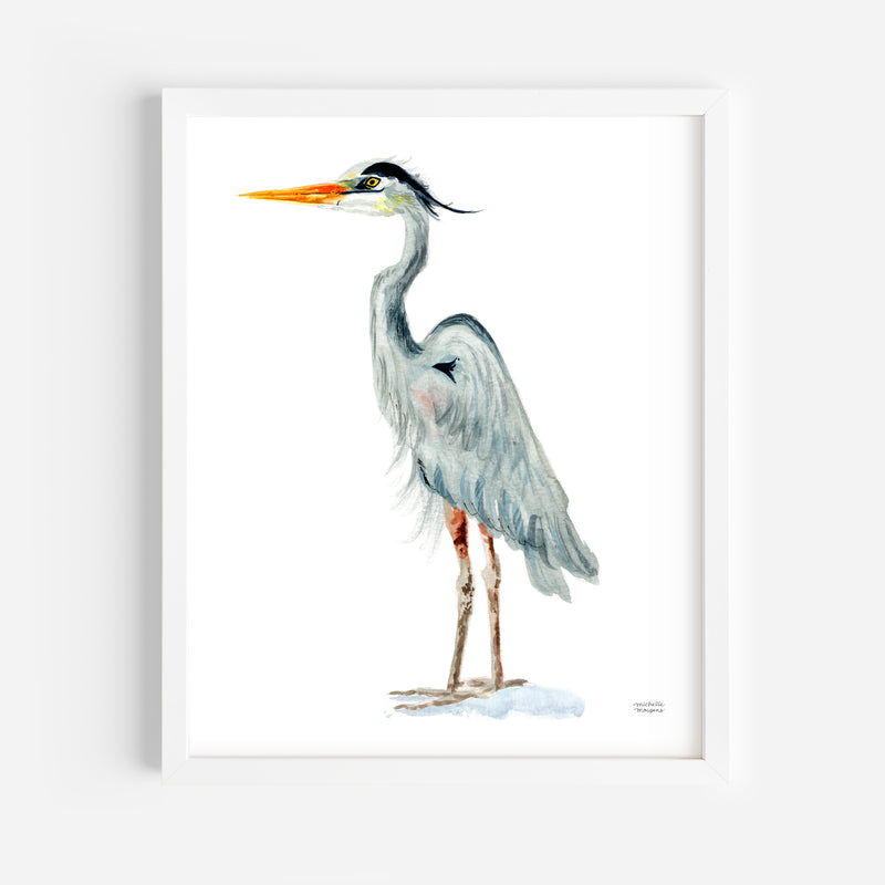 Watercolor Coastal Great Blue Heron Beach Bird Wall Art Print by Michelle Mospens