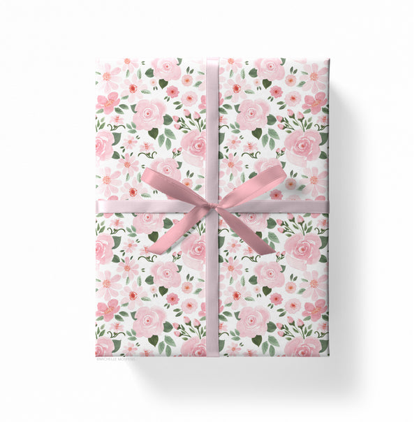 Watercolor Blush Pink Blooms Wrapping Paper by Michelle Mospens, Holiday, Baby, Wedding, Birthday Gift Wrap