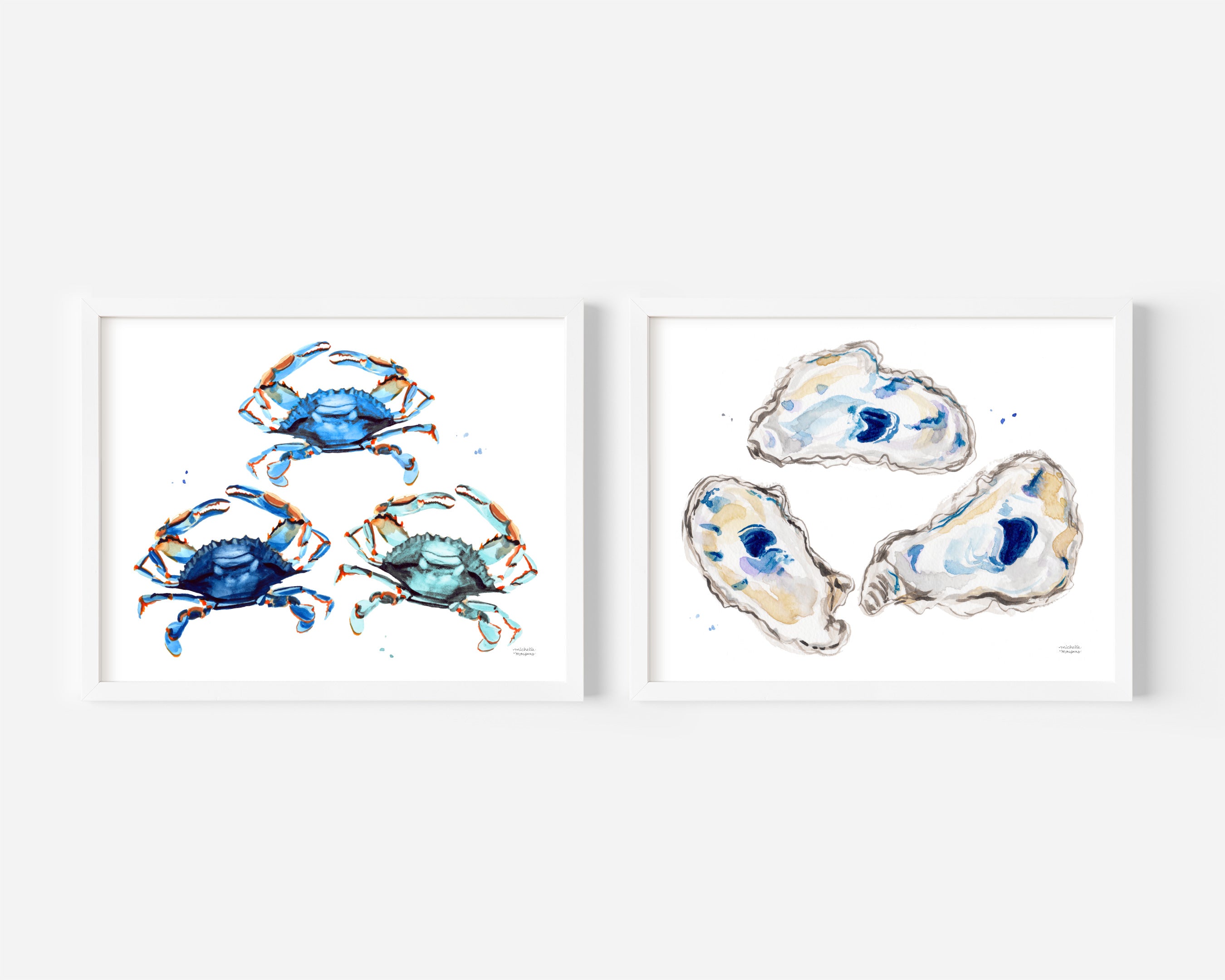 Watercolor Coastal Art Oysters and Blue Crab Wall Art Print Set of 2