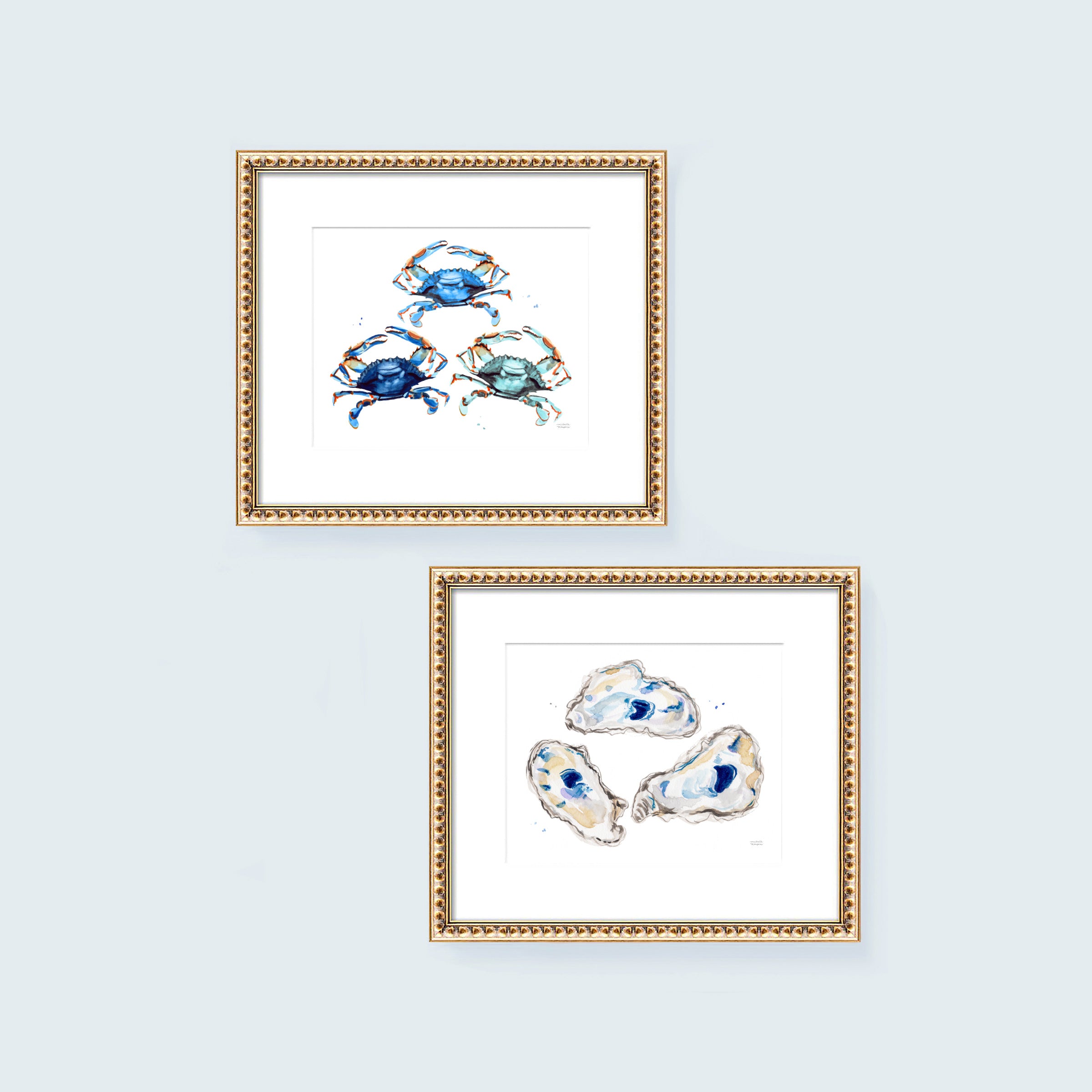 Watercolor Coastal Art Oysters and Blue Crab Wall Art Print Set of 2