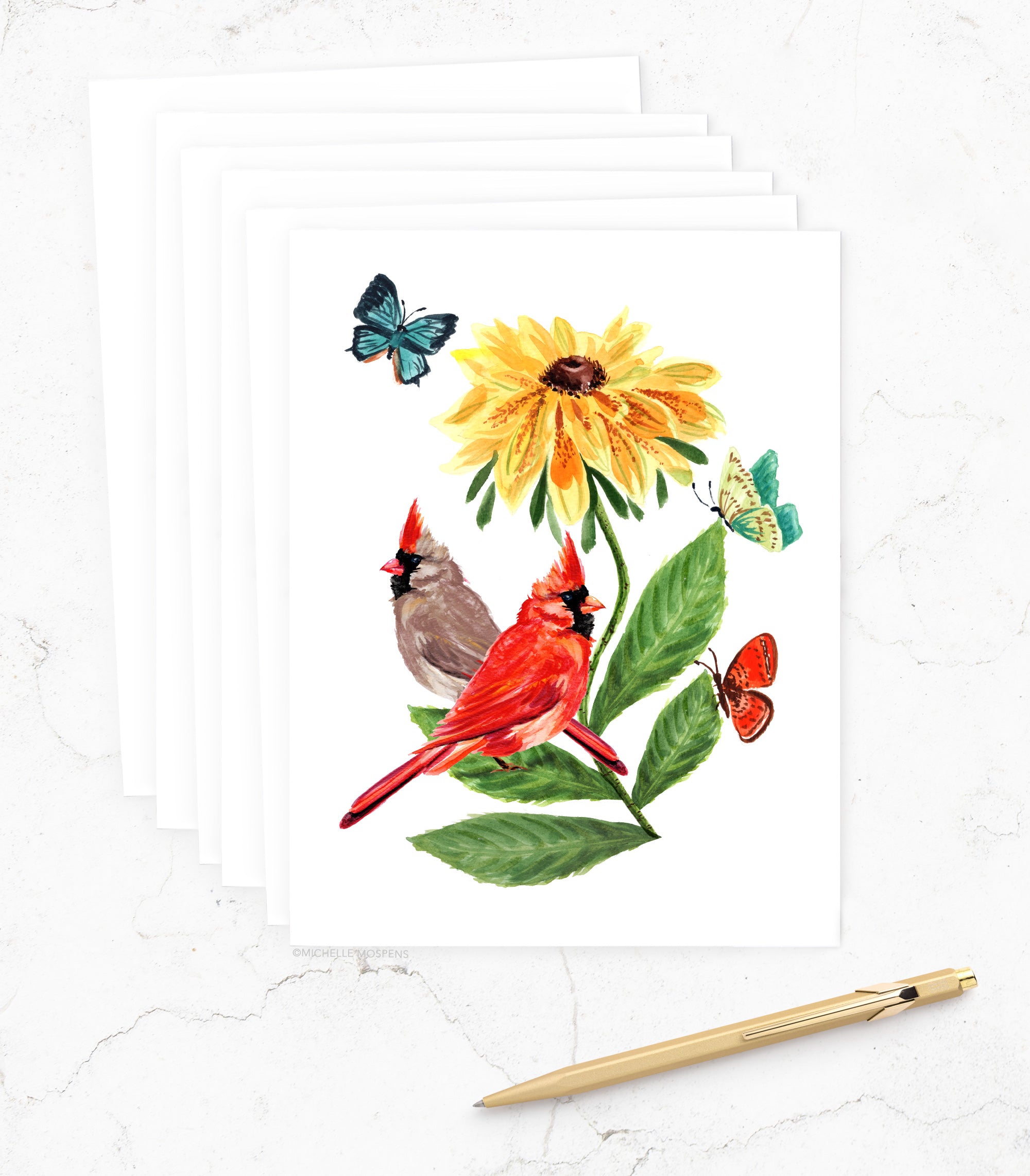 Watercolor Cardinal Birds and Flower Card Set by Michelle Mospens