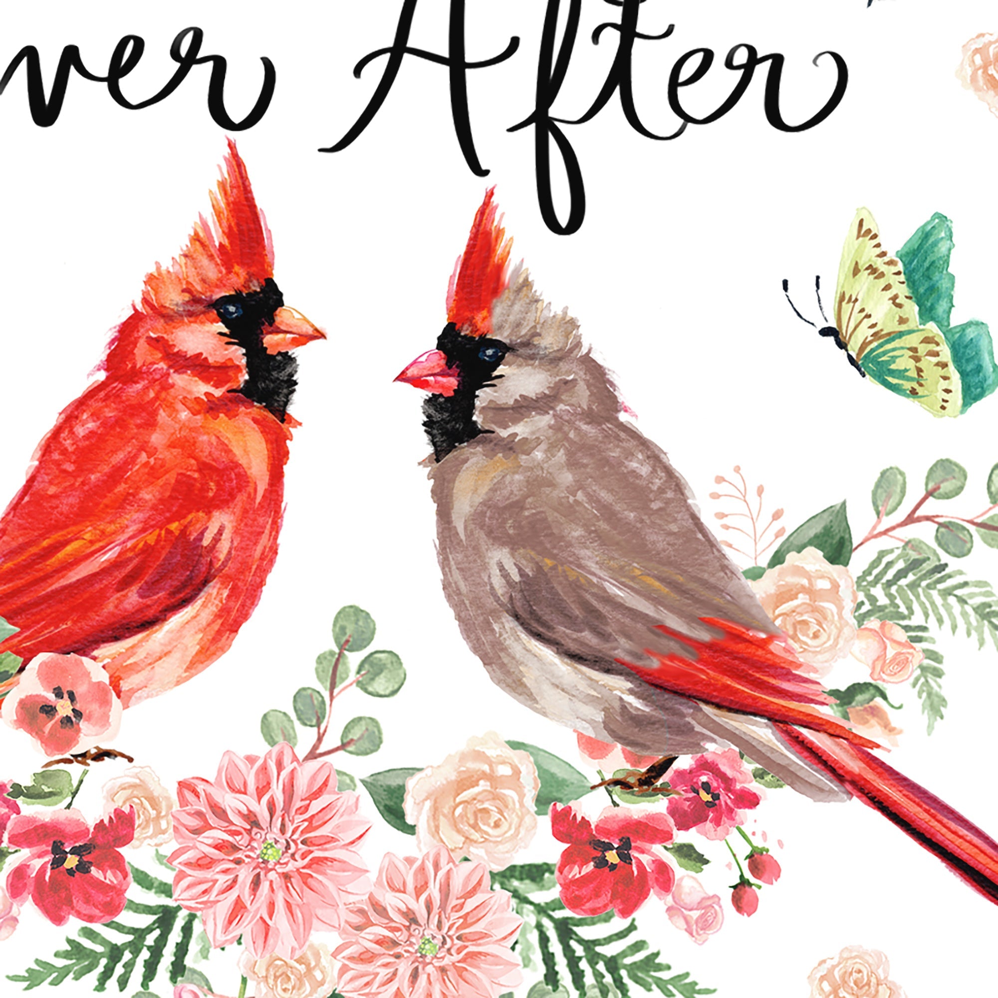 Illustrated Floral Cardinal Birds Wedding Card
