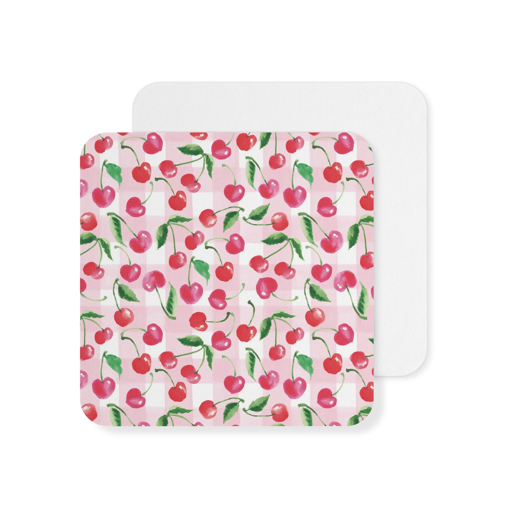 Cute and Fun Watercolor Cherry Gingham Drink Paper Coasters