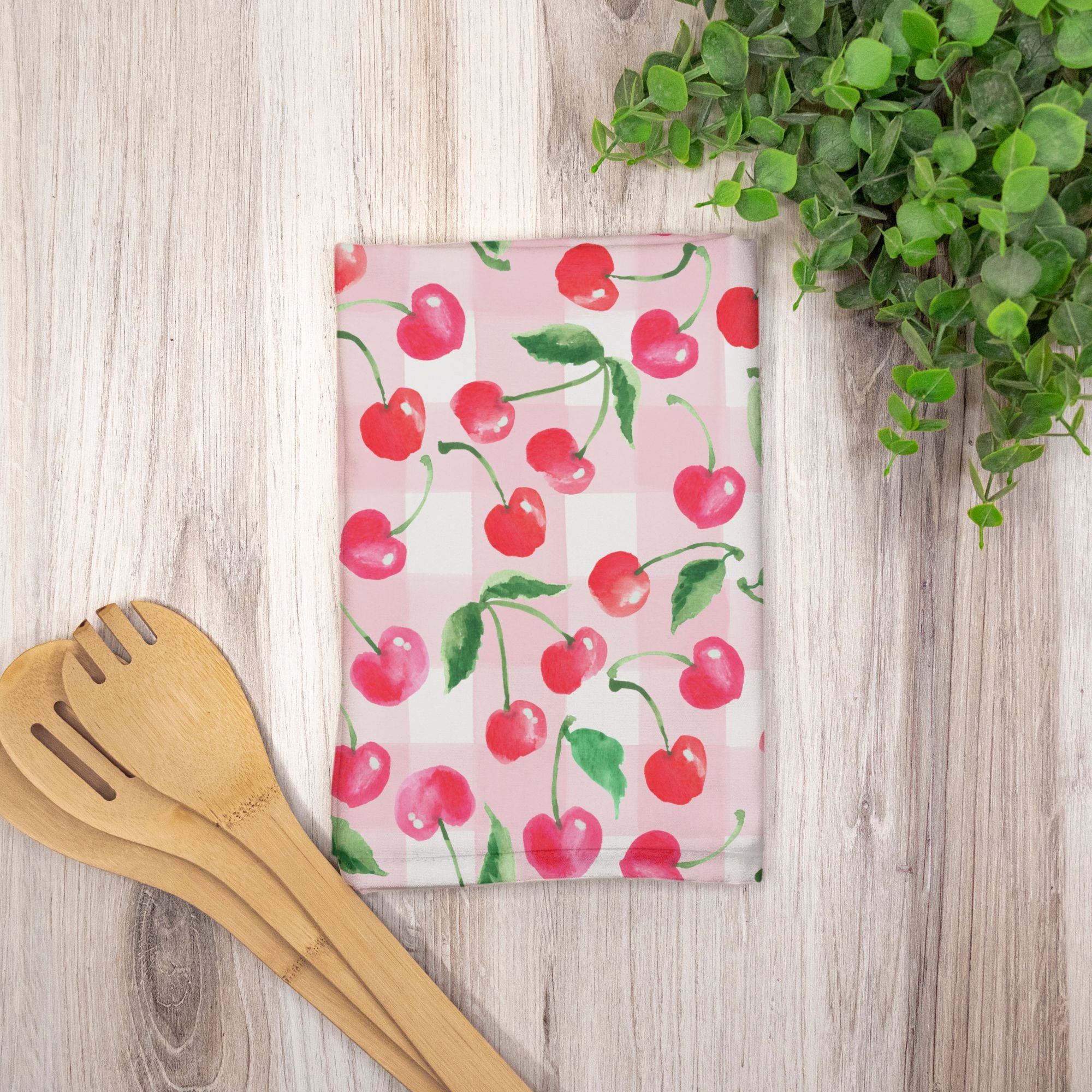 Watercolor Cherry Gingham Decorative Hostess Towel