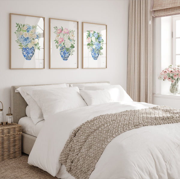 Chinoiserie Bedroom Wall Art, Floral Hydrangea Bedroom Decor, Ginger Jar Botanical Print