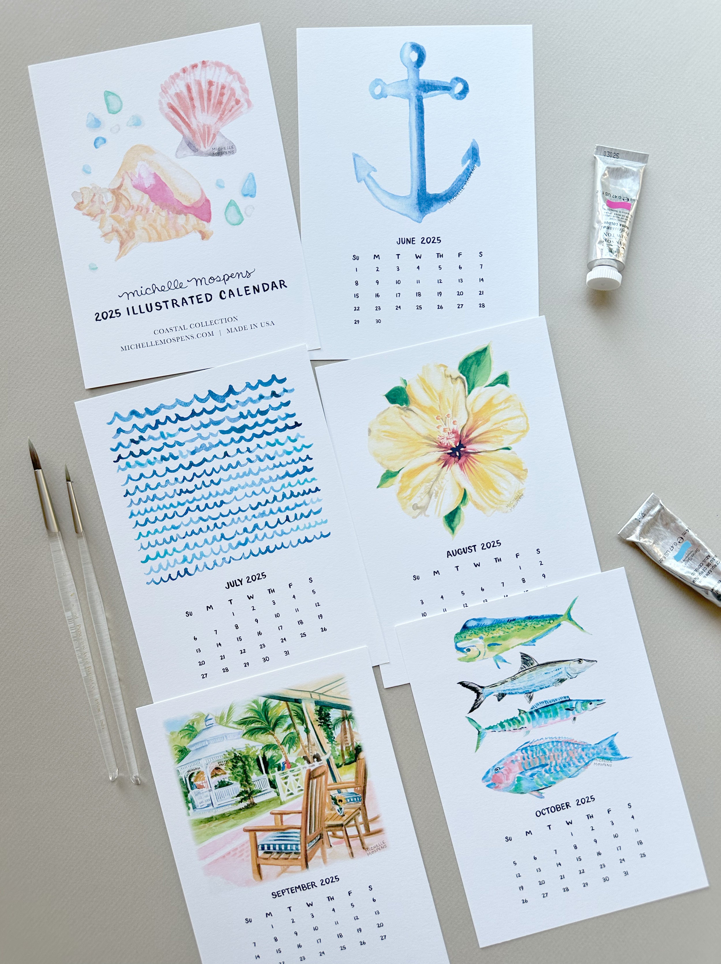 Watercolor Coastal Mini Monthly Desk Calendar by Michelle Mospens