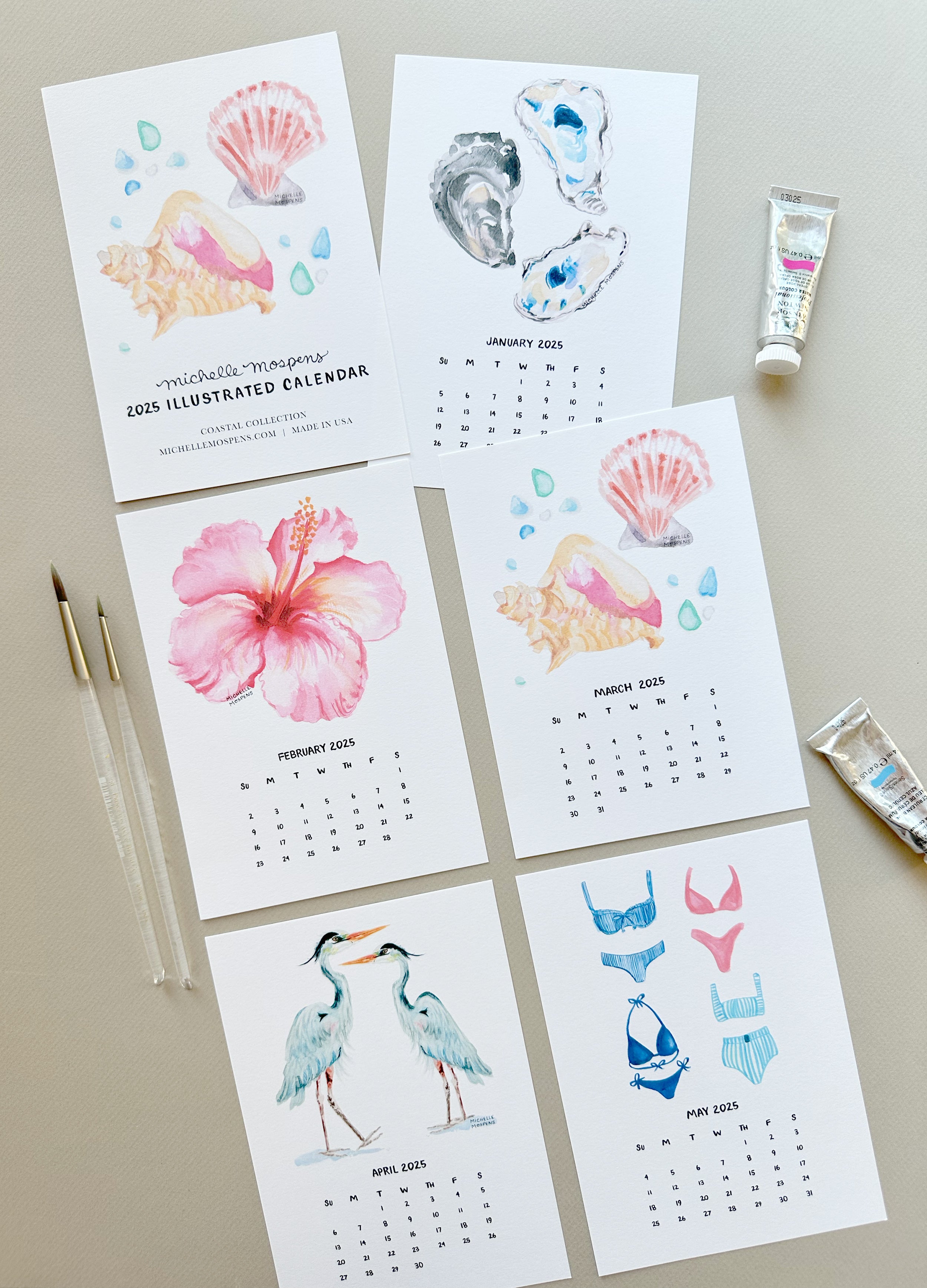 Watercolor Coastal Mini Monthly Desk Calendar by Michelle Mospens