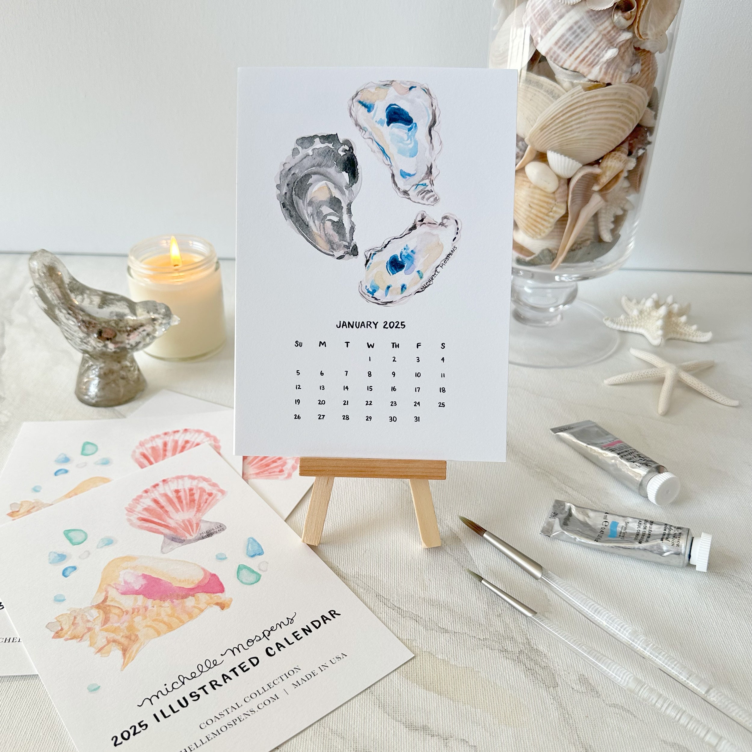 Watercolor Coastal Mini Monthly Desk Calendar by Michelle Mospens