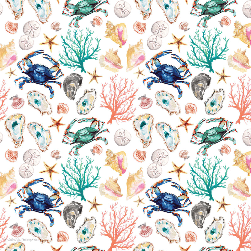 Watercolor Coastal Wrapping Paper by Michelle Mospens, Beach Shells Wrapping Paper, Holiday, Christmas, Birthday Gift Wrap