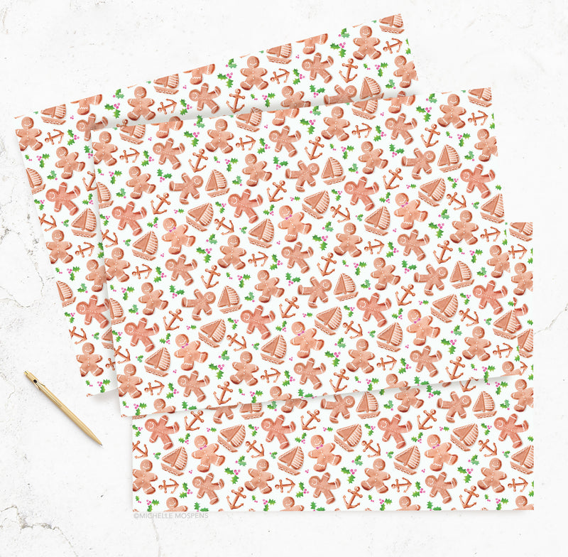 Cute Coastal Gingerbread Christmas Cookies Gift Wrap Sheets | Holiday Gift Wrapping