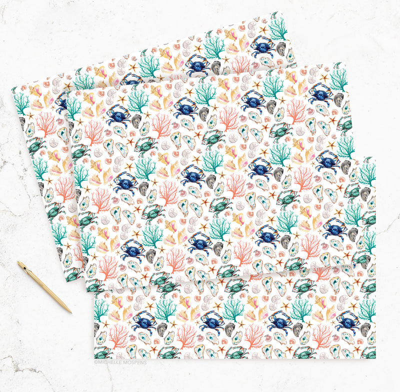Watercolor Coastal Wrapping Paper by Michelle Mospens, Beach Shells Wrapping Paper, Holiday, Christmas, Birthday Gift Wrap