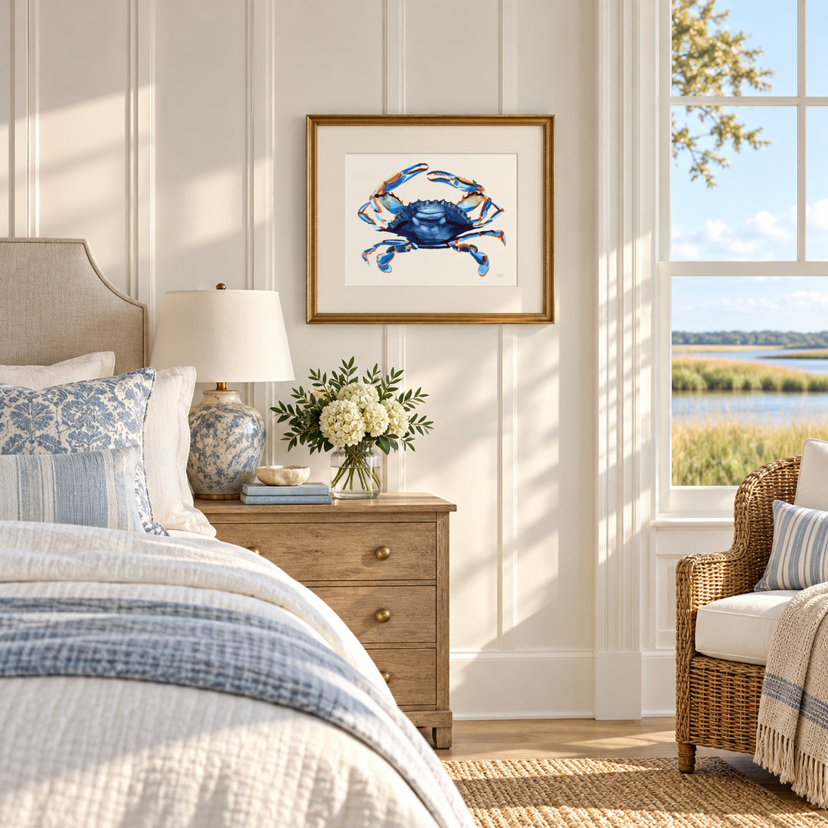 Watercolor blue crab painting coastal wall art print by artist Michelle Mospens.