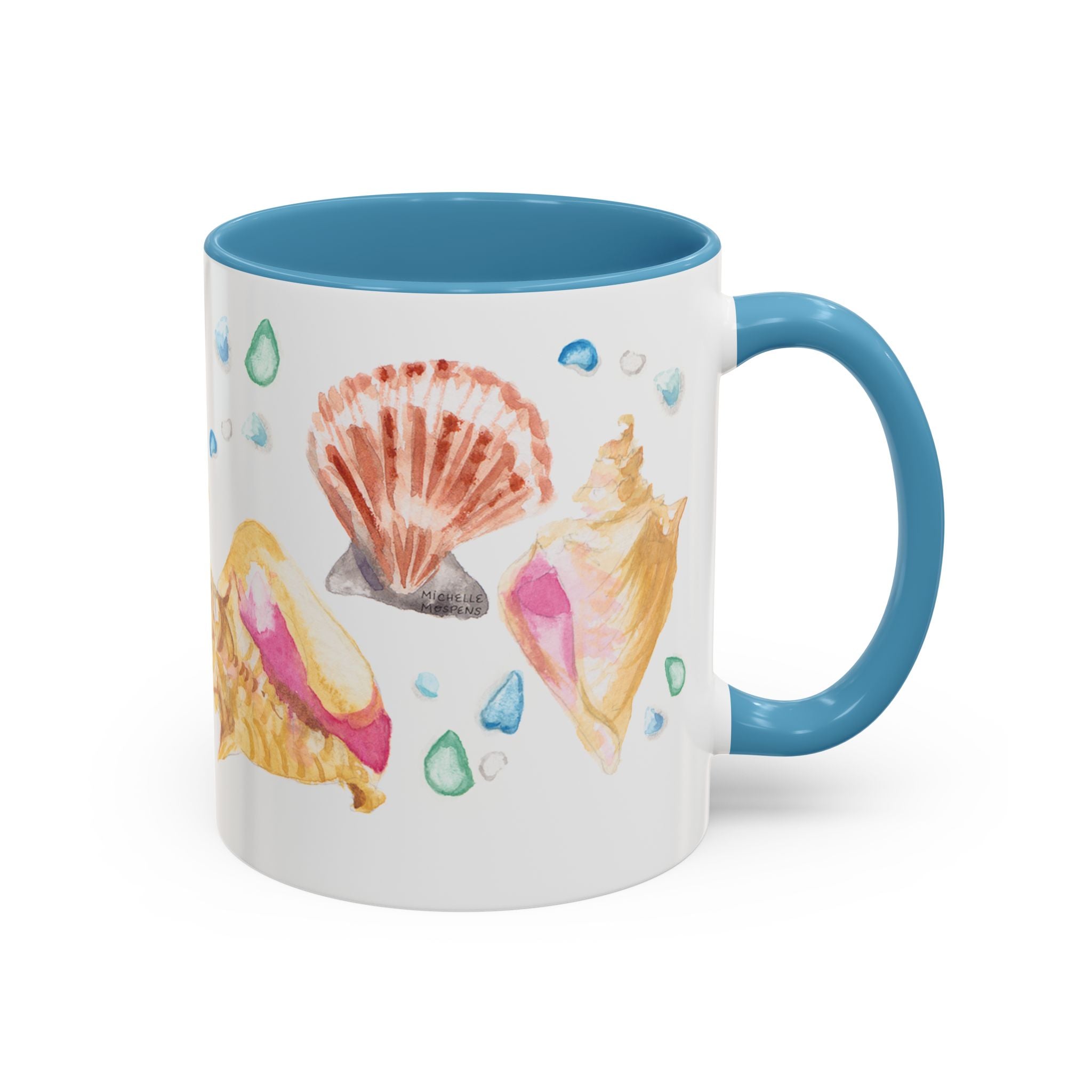 Michelle Mospens Watercolor Seashells and Seaglass Coffee Mug | Coastal Beach Lover Gift