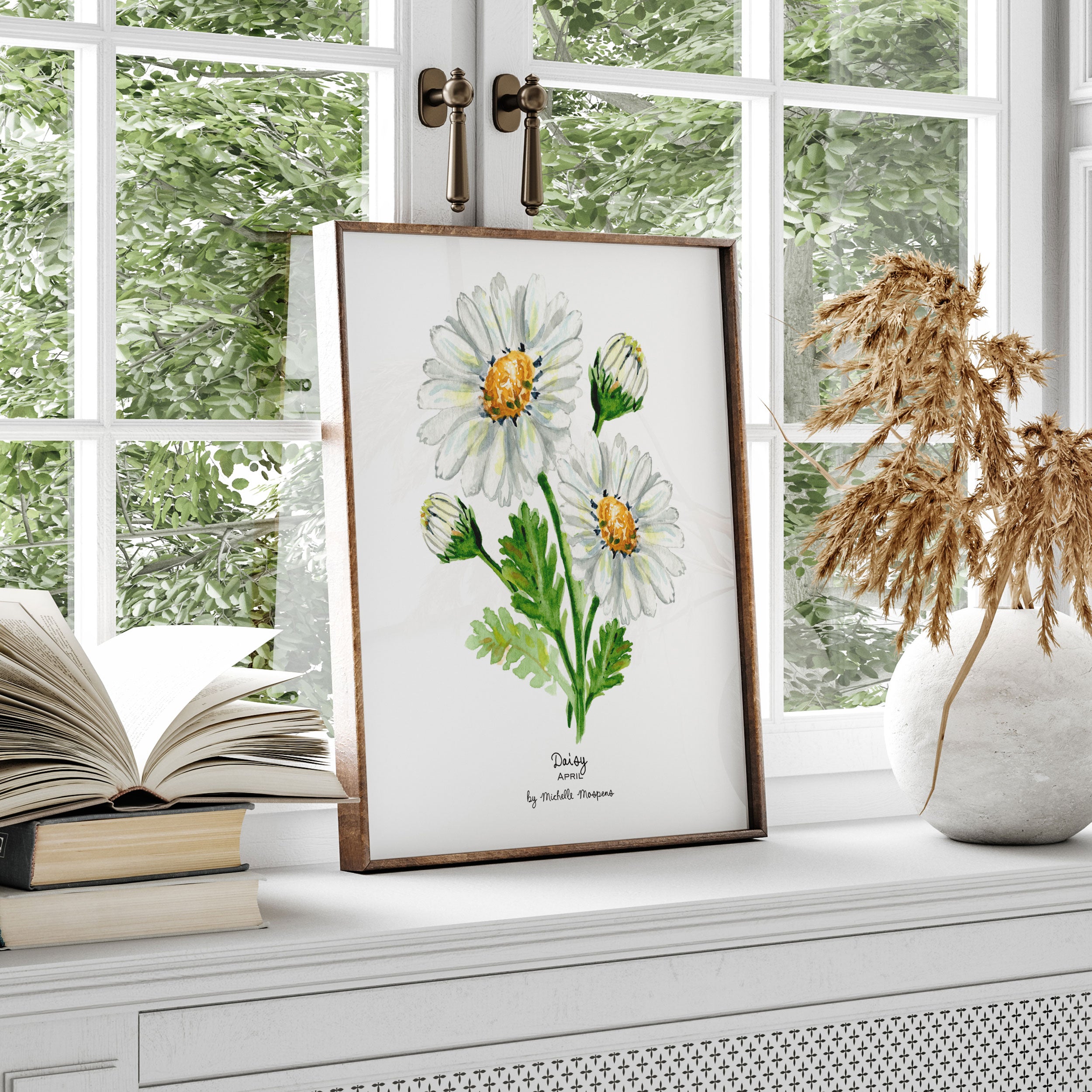 Daisy April Birth Month Flower Watercolor Wall Art Print by Michelle Mospens