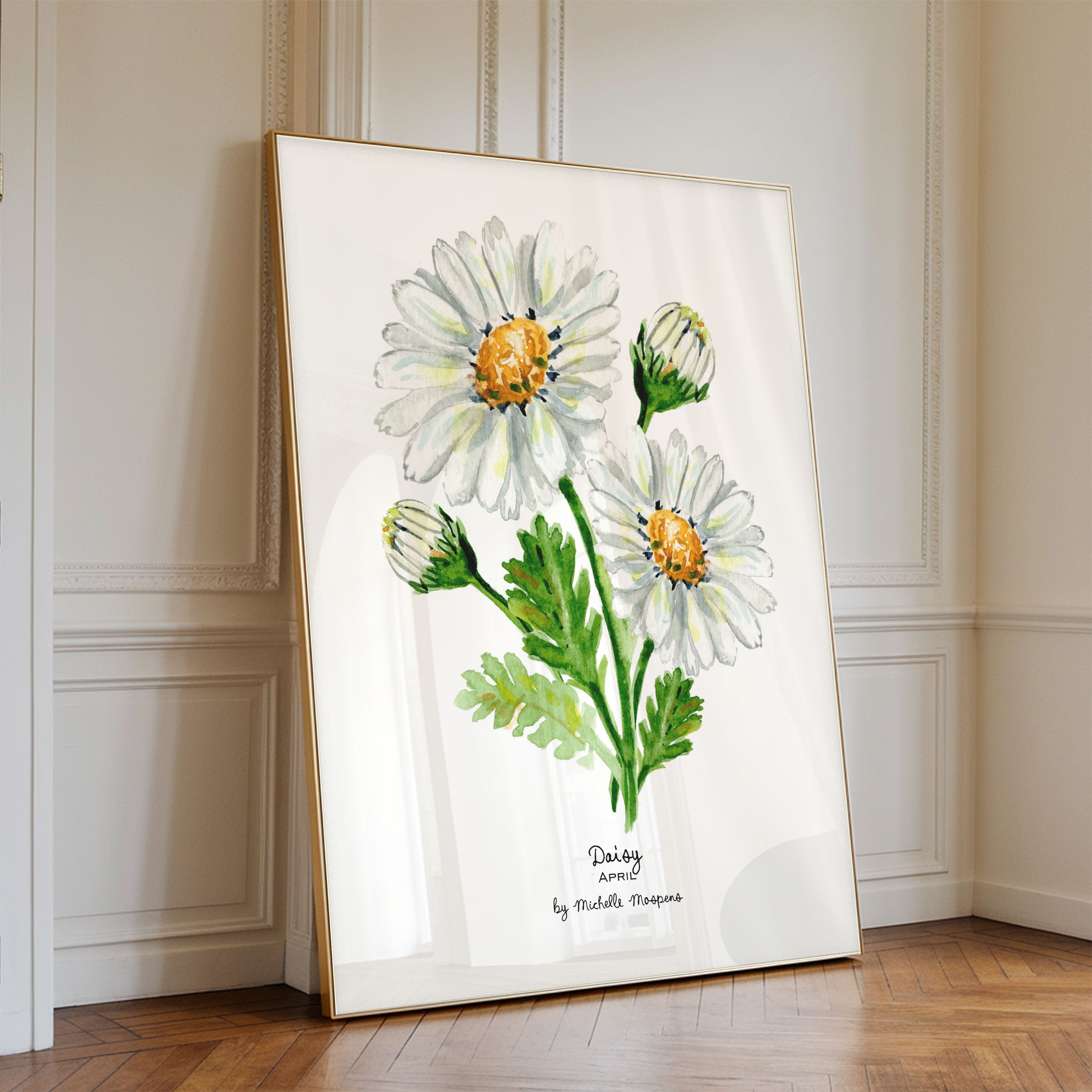 Daisy April Birth Month Flower Watercolor Wall Art Print by Michelle Mospens