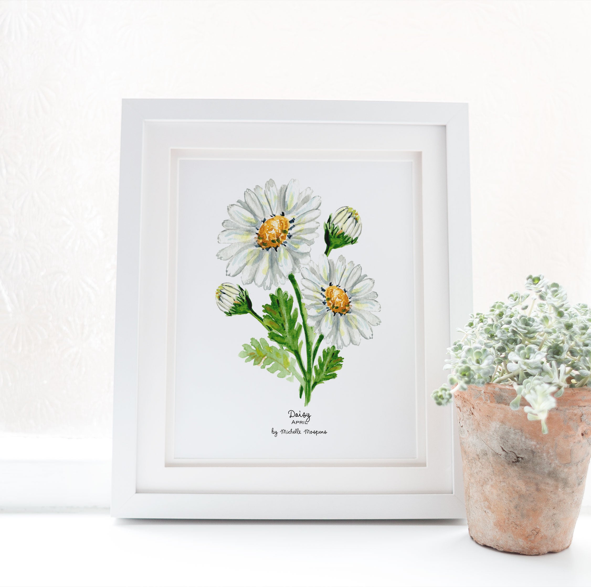 Daisy April Birth Month Flower Watercolor Wall Art Print by Michelle Mospens
