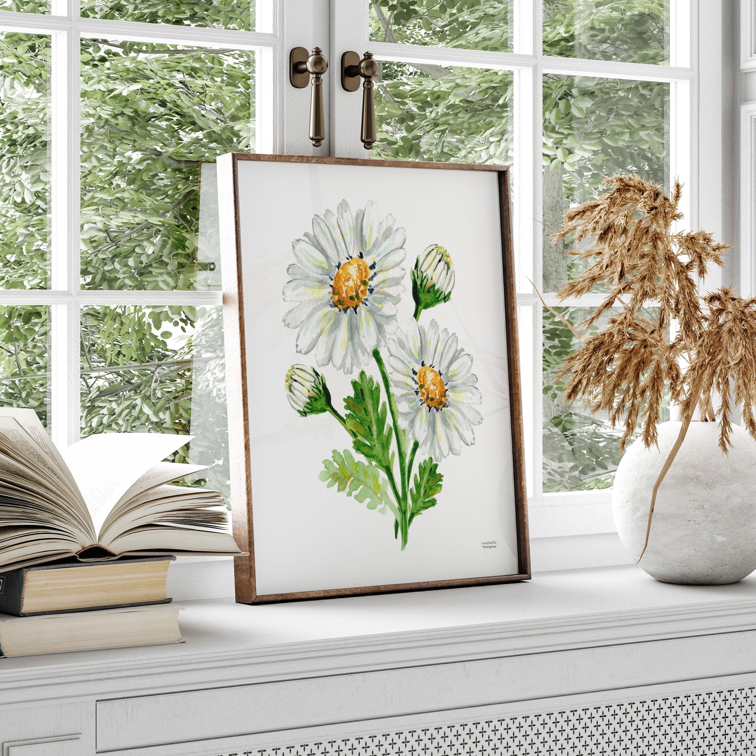 Daisy Flowers Botanical Floral Watercolor Wall Art Print by Michelle Mospens