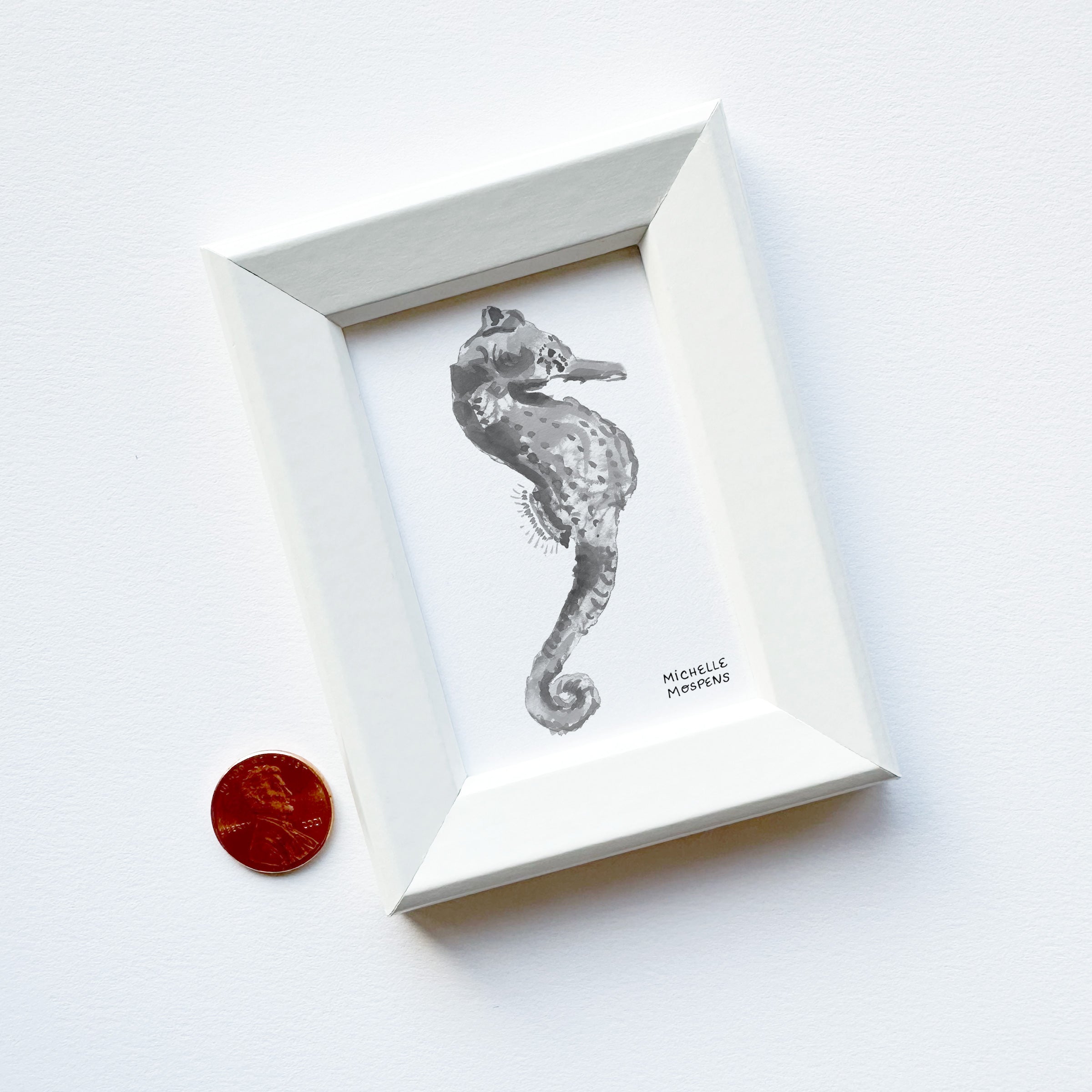 Miniature Seahorse Watercolor Art Painting Framed Print by Michelle Mospens | Mini Framed Beach Artwork