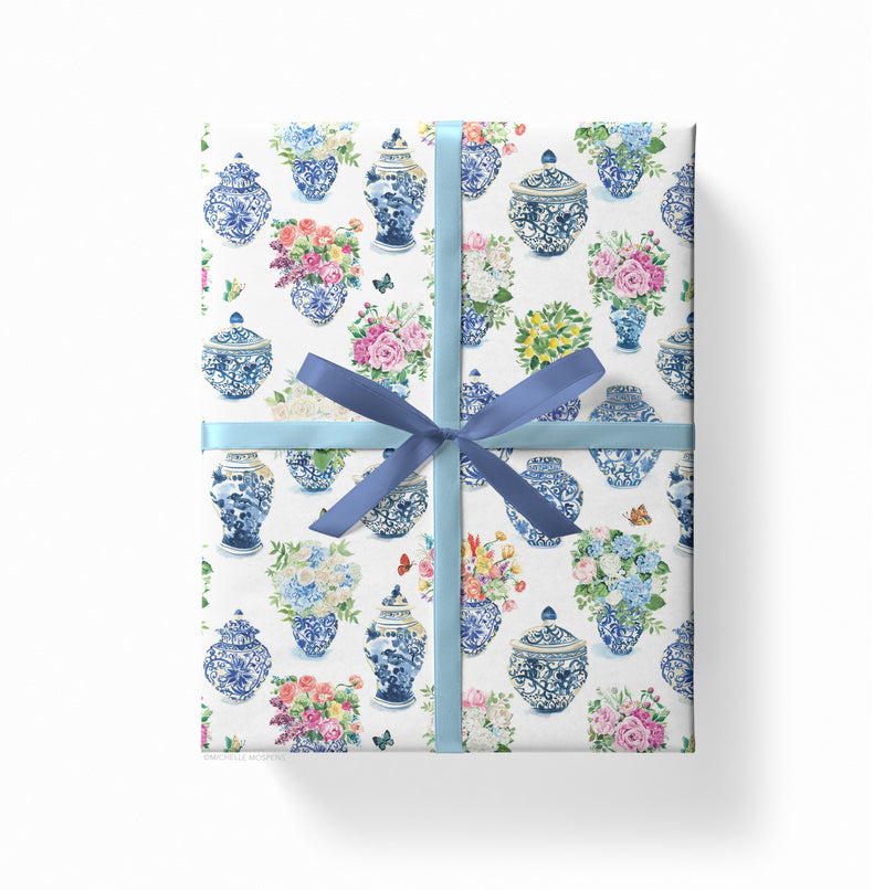 Watercolor Ginger Jar Bouquets Floral Chinoiserie Wrapping Paper by Michelle Mospens, Holiday, Christmas, Birthday Gift Wrap