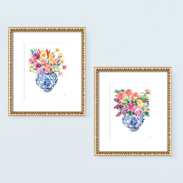 Colorful Ginger Jar Bouquets No16 and No15 Watercolor Prints Set of 2