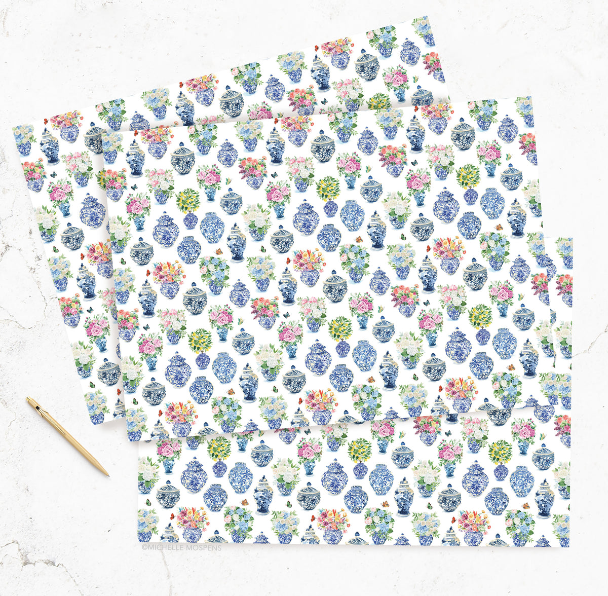 Watercolor Ginger Jar Bouquets Floral Chinoiserie Wrapping Paper by Michelle Mospens, Holiday, Christmas, Birthday Gift Wrap