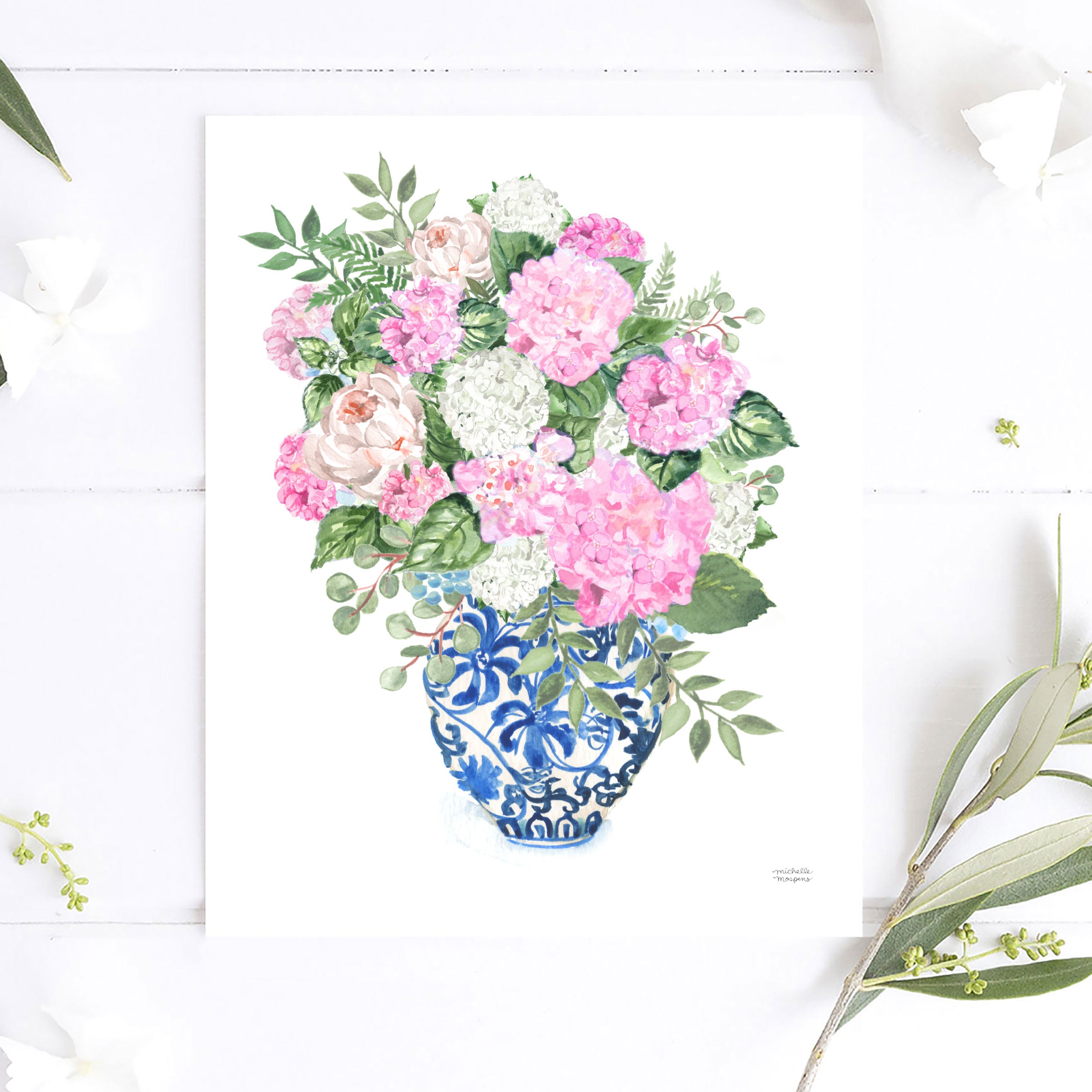 Chinoiserie Ginger Jar Vase Watercolor Pink Hydrangea Bouquet Wall Art Print by Michelle Mospens, Unframed