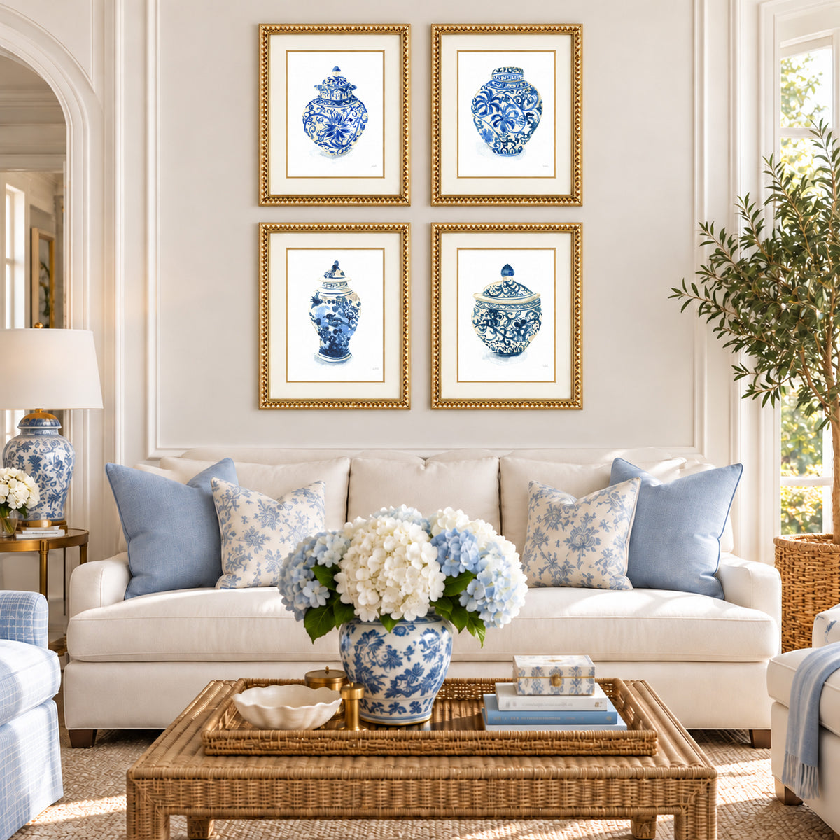 A set of four watercolor ginger jars wall art prints by artist Michelle Mospens. Perfect for coastal grandmillennial home decor.