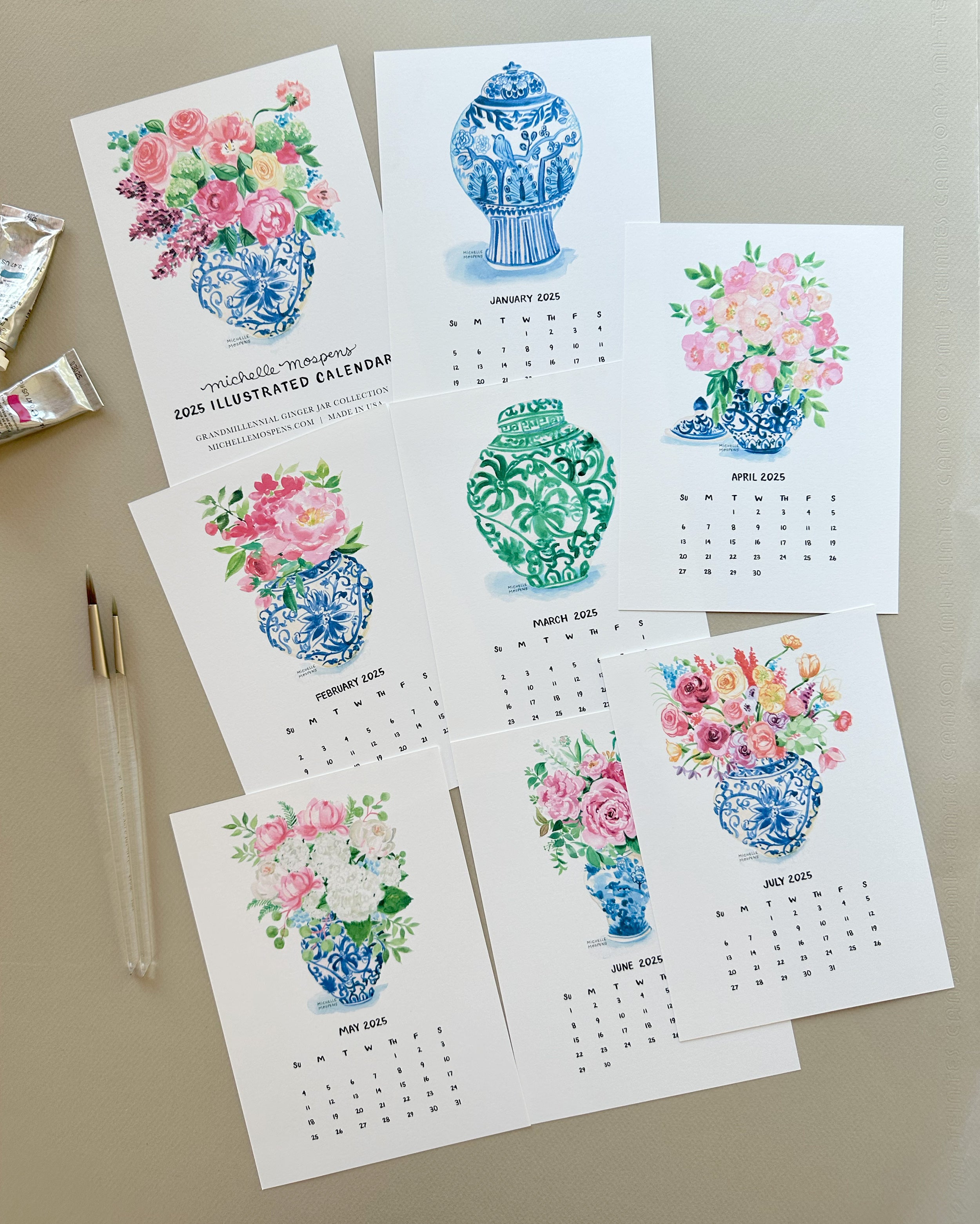 Watercolor Ginger Jars Grandmillennial Mini Monthly Desk Calendar by Michelle Mospens