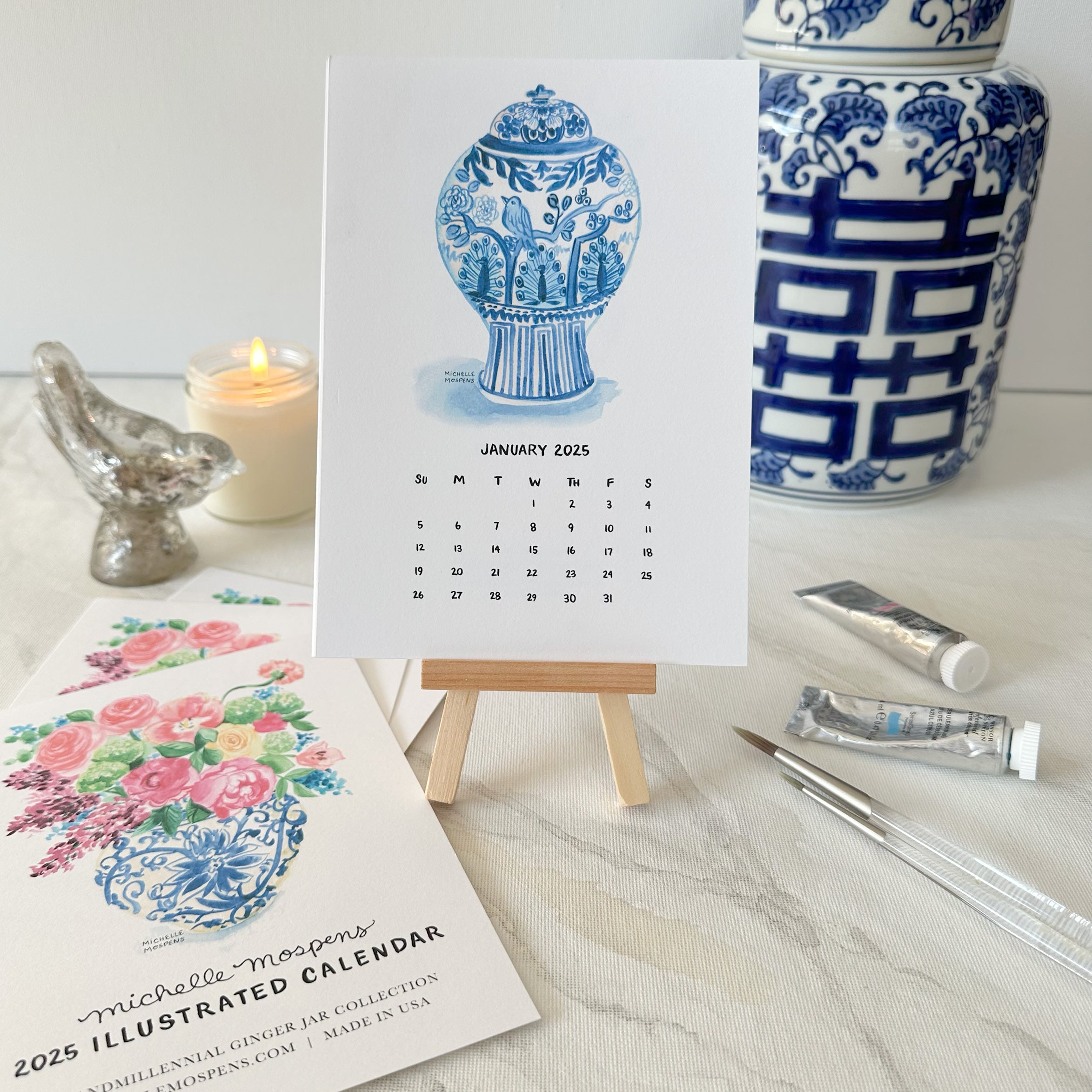 Watercolor Ginger Jars Grandmillennial Mini Monthly Desk Calendar by Michelle Mospens