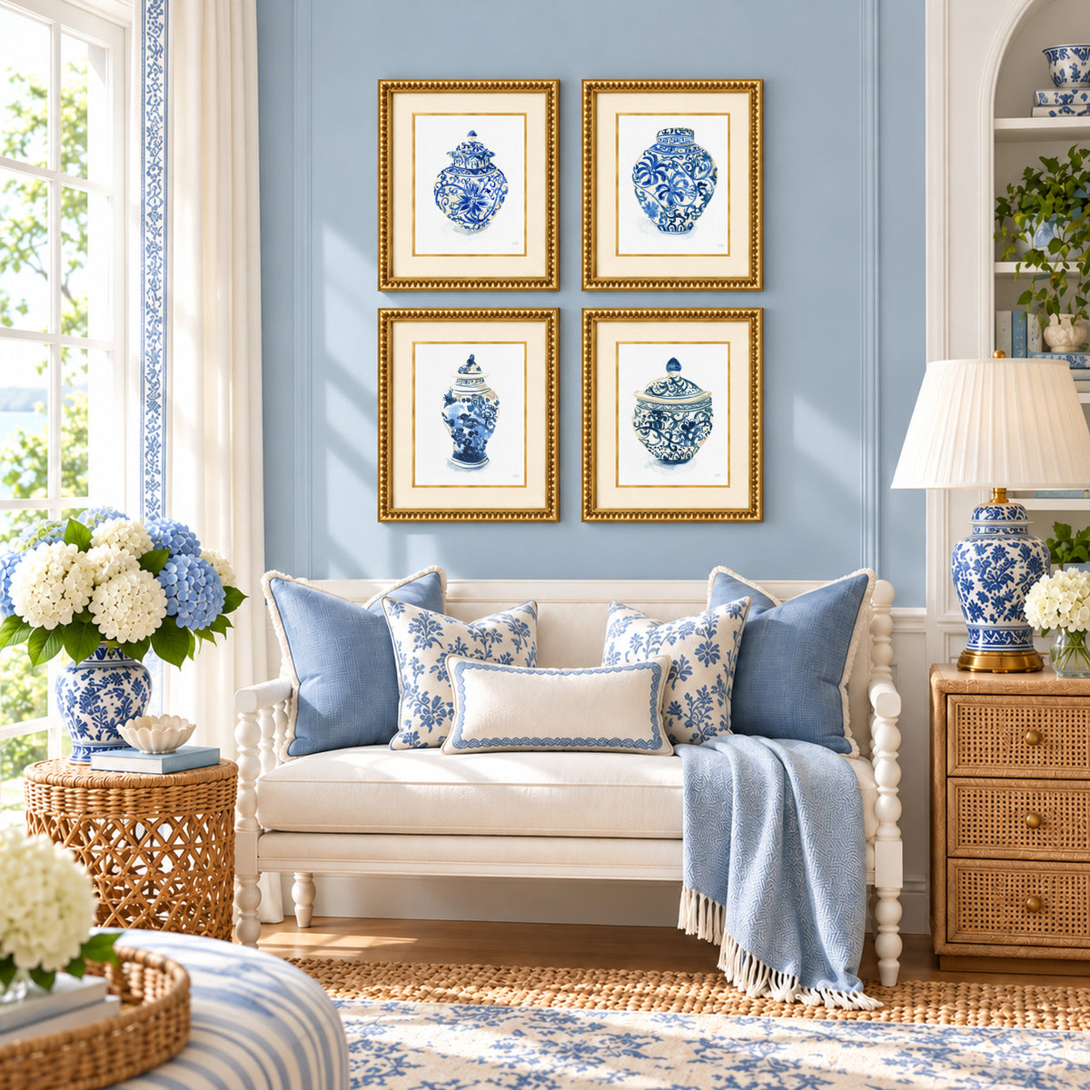 A set of four blue watercolor ginger jars wall art prints by artist Michelle Mospens. Perfect for coastal grandmillennial home decor.