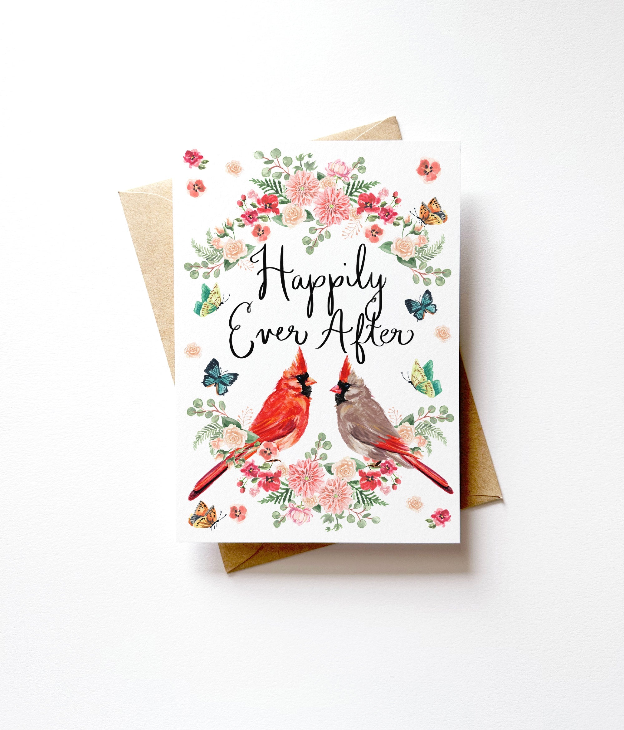 Illustrated Floral Cardinal Birds Wedding Card