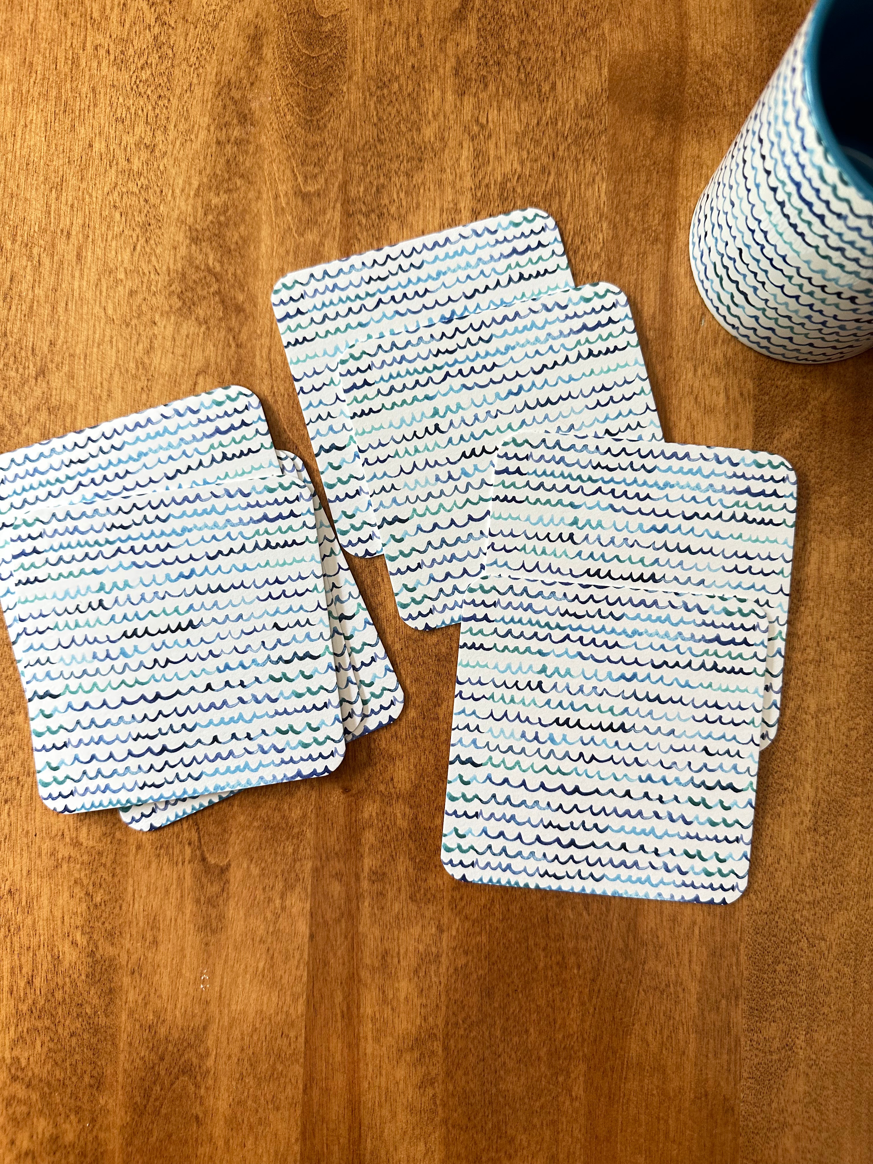 Cute and Fun Watercolor Nautical Waves Drink Paper Coasters