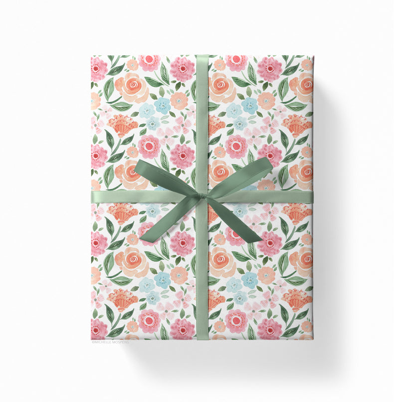 Wrapping Paper, Watercolor Flowers Wrapping Paper by Michelle Mospens, Baby Girl Wrapping Paper, Baby Shower, Birthday Gift Wrap, Just Peachy