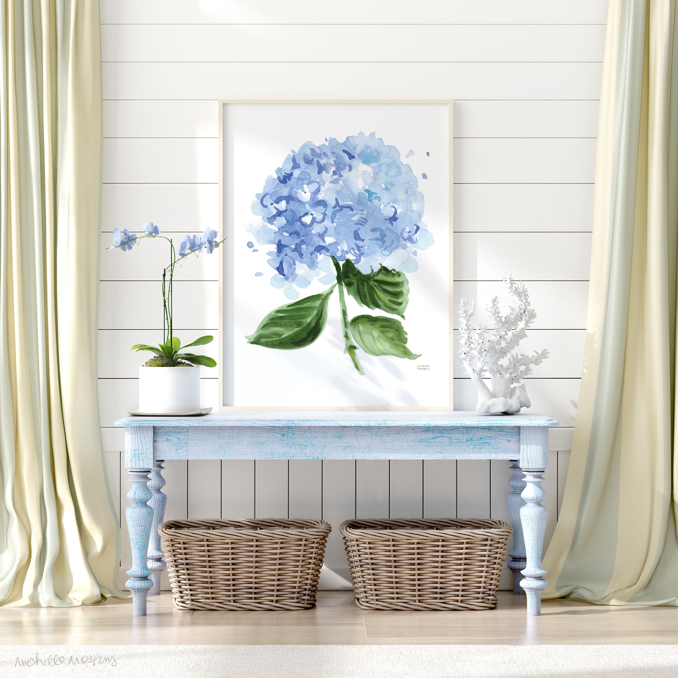 French Blue Hydrangea Flower Botanical No1 Watercolor Wall Art Print by Michelle Mospens, Unframed
